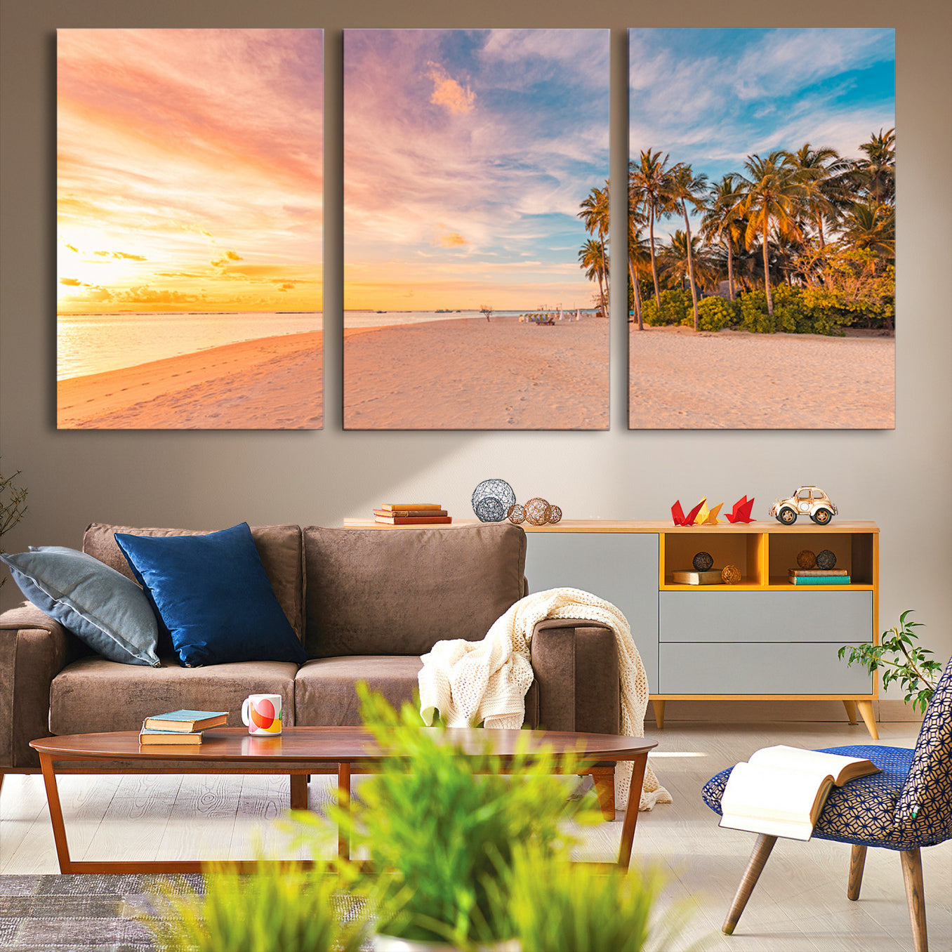 Tropical beach canvas with palm trees and soft sunset tones, ideal for coastal or beach-style home décor in warm pastel hues.