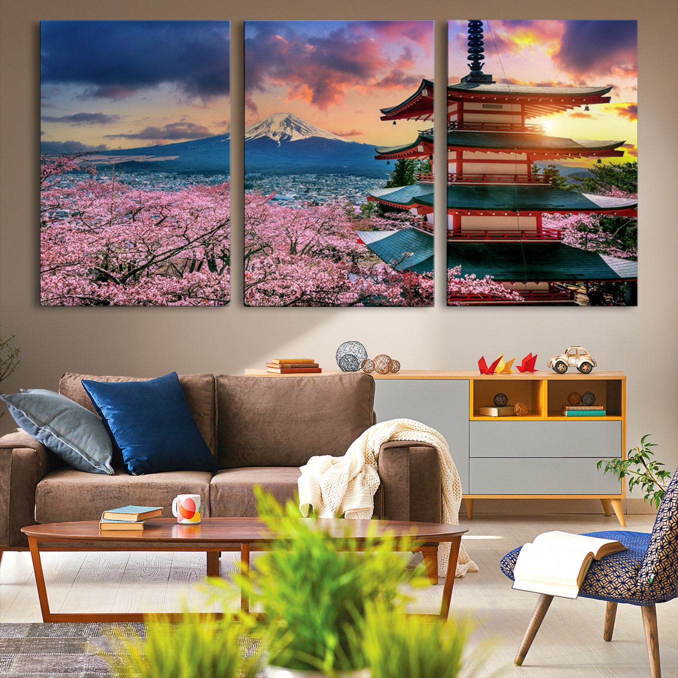 Mount Fuji & Cherry Blossom Wall Art Canvas Print – Iconic Japanese Landscape, Sakura Pagoda Sunset, Multi-Panel Framed Artwork for Home, Office & Zen Decor