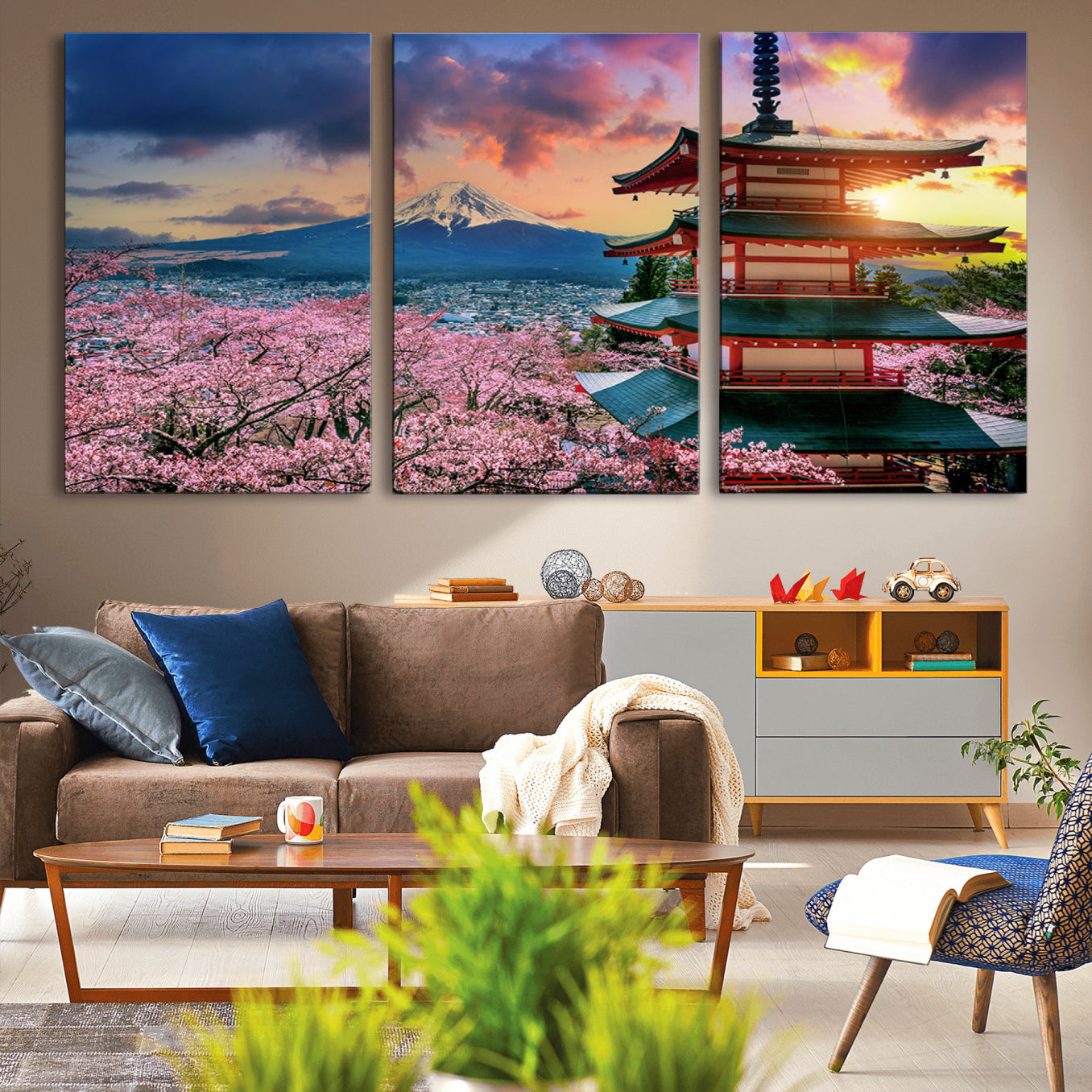 -Mount Fuji & Cherry Blossom Wall Art Canvas Print – Iconic Japanese Landscape, Sakura Pagoda Sunset,