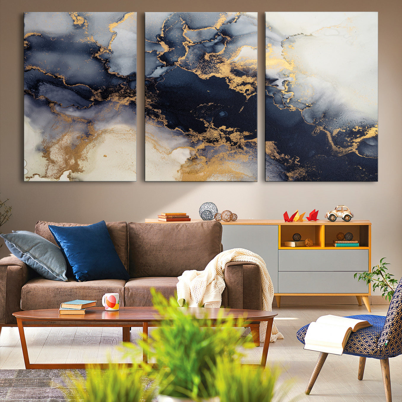 41136487-MGV-CV-48X32-3P-Black Marble Wall Art Canvas Print – Framed Abstract Gold Veins Elegant Luxury Design Decor for Home, Office