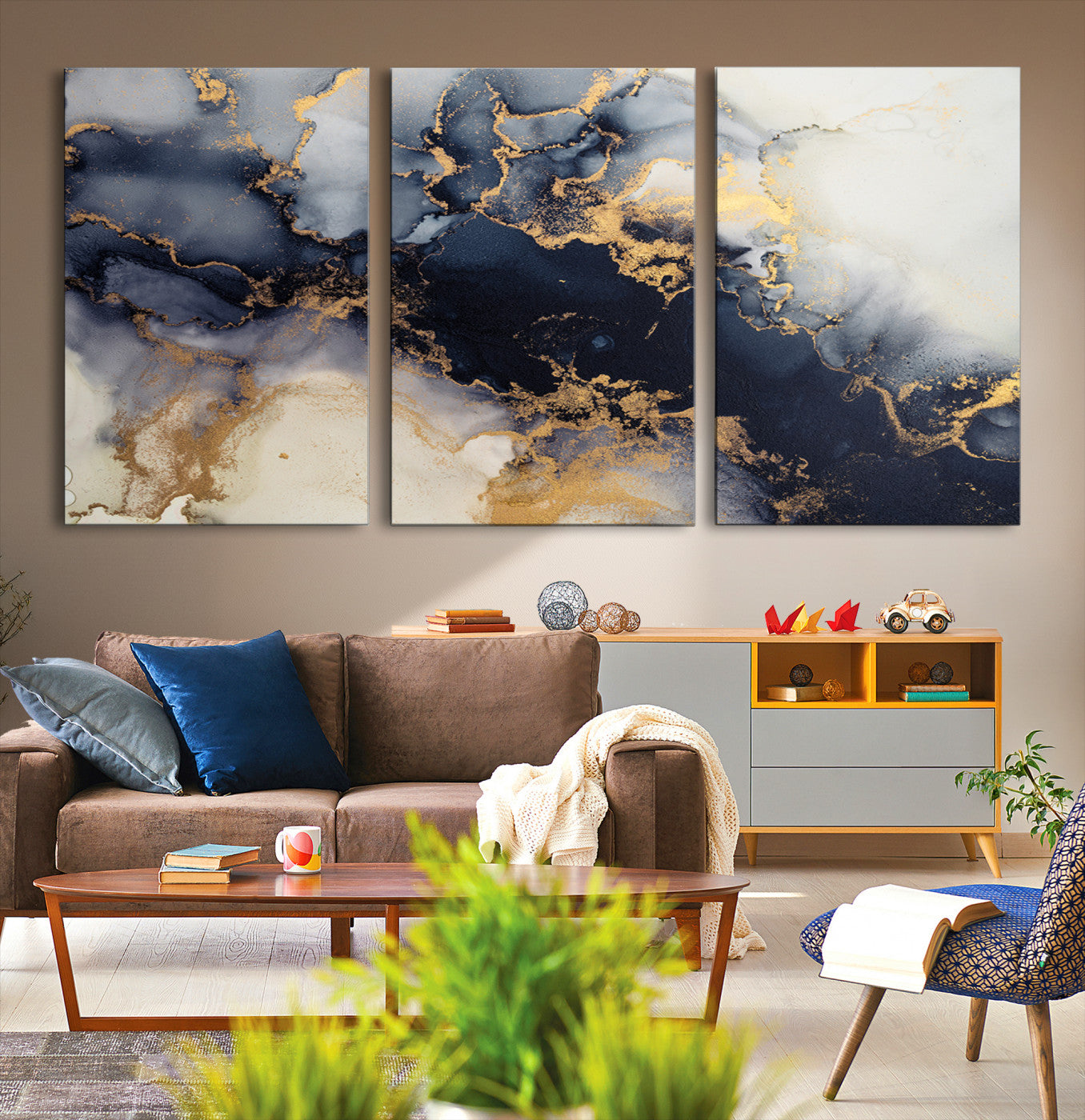 41136487-MGV-CV-48X32-3P-Black Marble Wall Art Canvas Print – Framed Abstract Gold Veins Elegant Luxury Design Decor for Home, Office