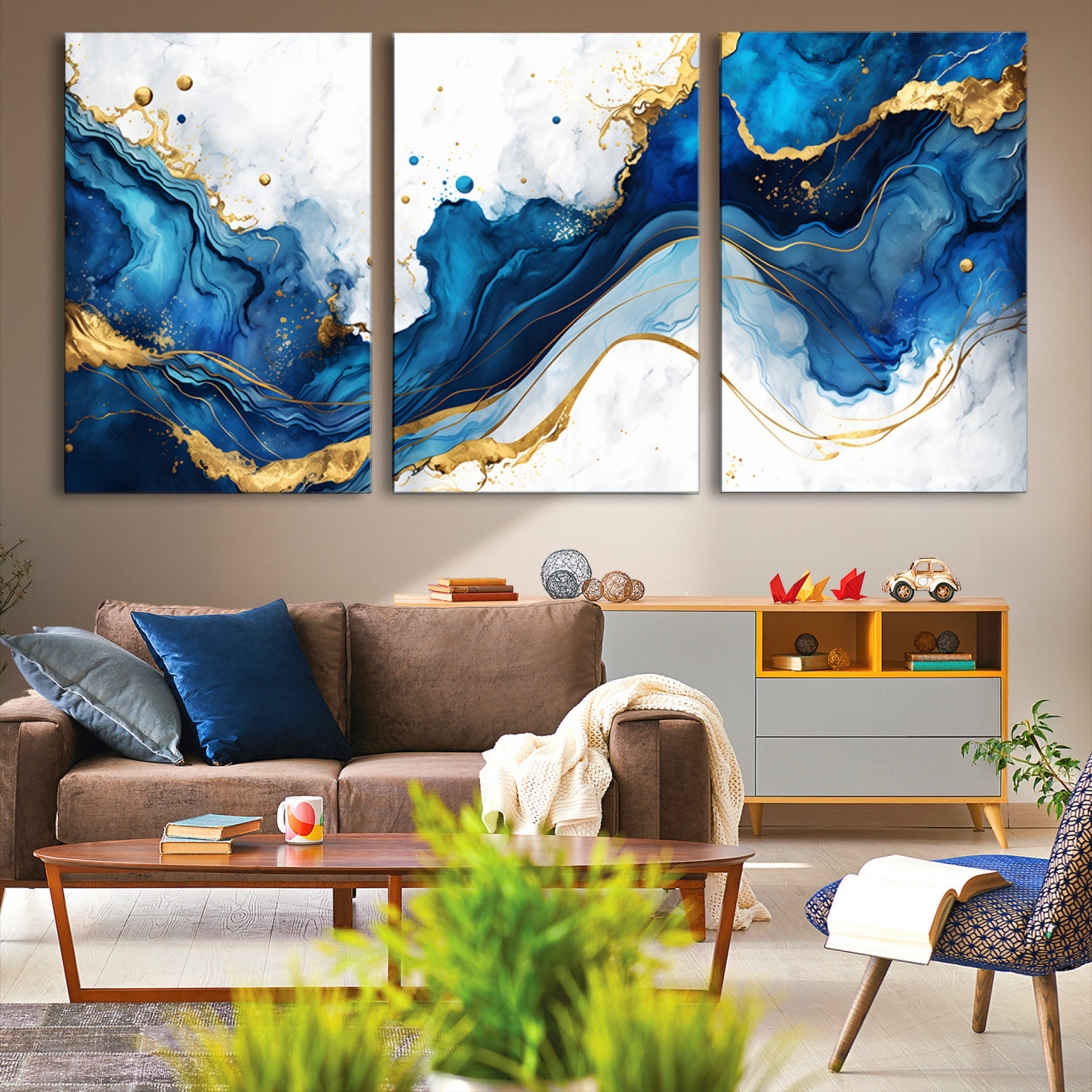 33506371-MGV-CV-48X32-3P-Blue Marble Wall Art Canvas Print – Framed Gold Splash Wave Design Modern Abstract Artwork for Home, Office