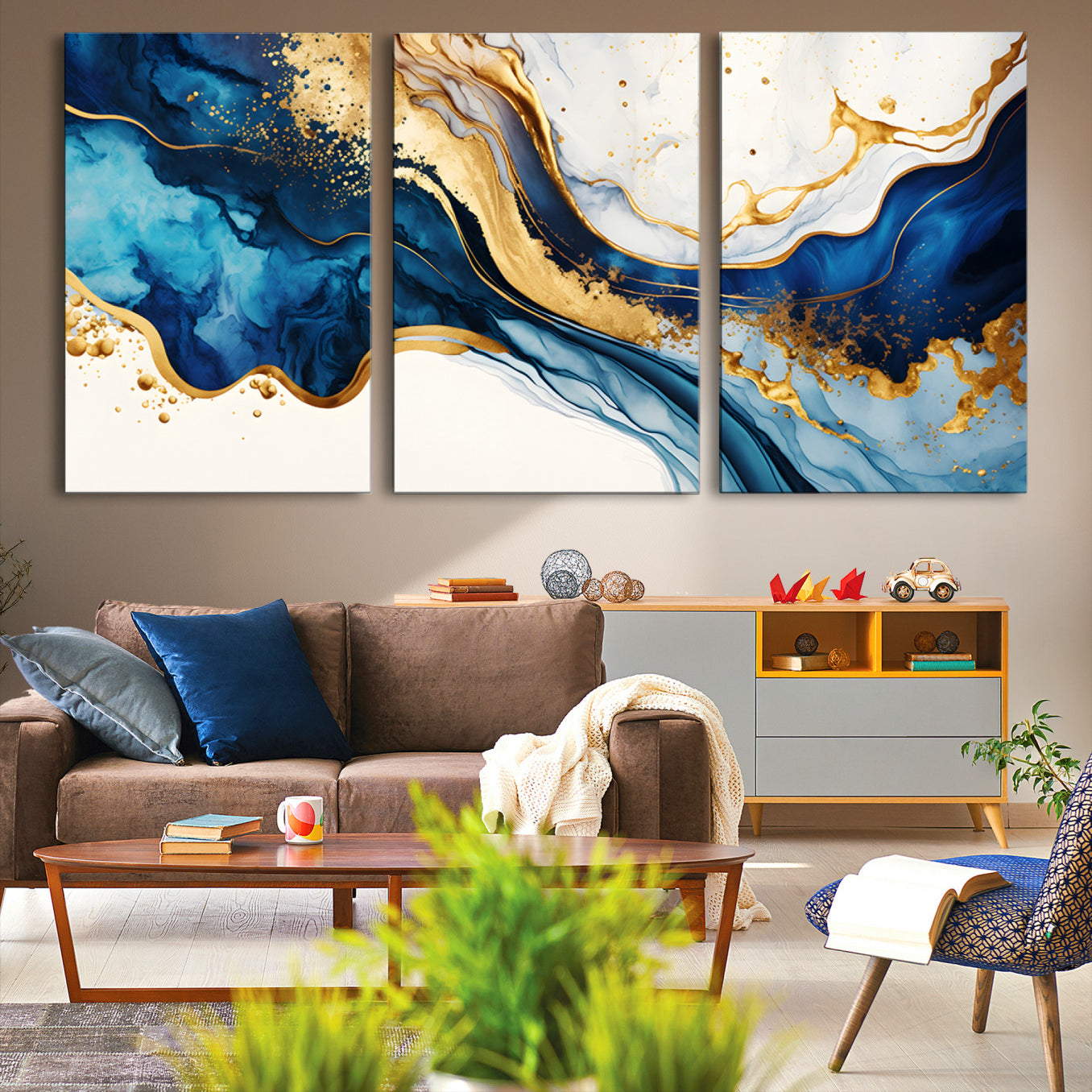 60283636-MGV-CV-48X32-3P-Blue Gold Flow Wall Art Canvas Print – Framed Marble Design Elegant Splash Abstract Artwork for Home, Office