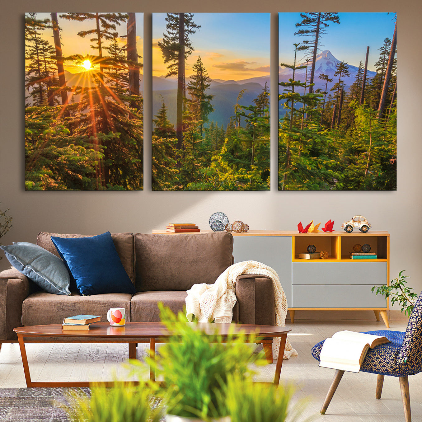 -Forest Sunset Wall Art Canvas Print, Framed Sunset Trees Art Picture Print, Green Pines Perfect