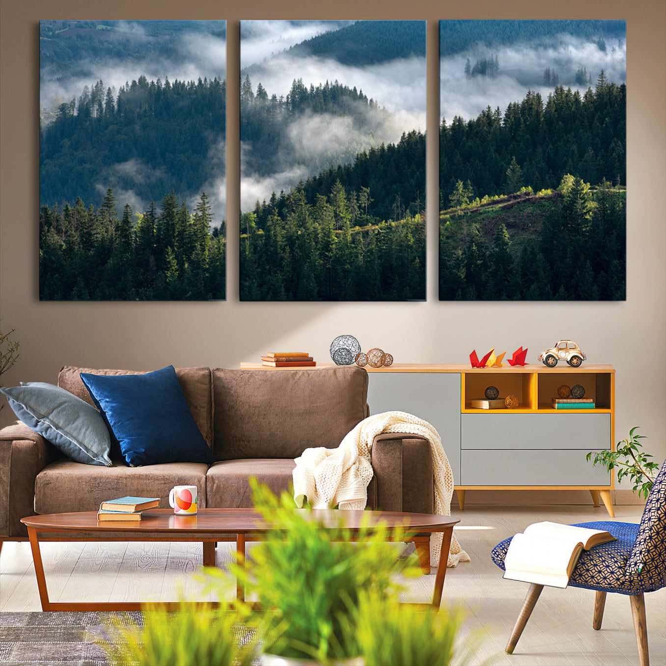 -Misty Forest Wall Art Canvas Print, Framed Pine Hills Art Picture Print, Misty Forest Print,
