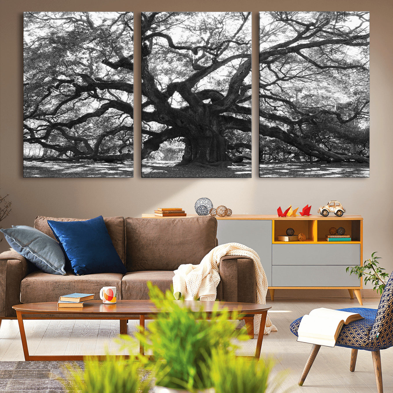 -Ancient Oak Wall Art Canvas Print, Framed Twisted Branches Art Picture Print, Gnarled Tree Perfect Moody Nature Decor Artwork