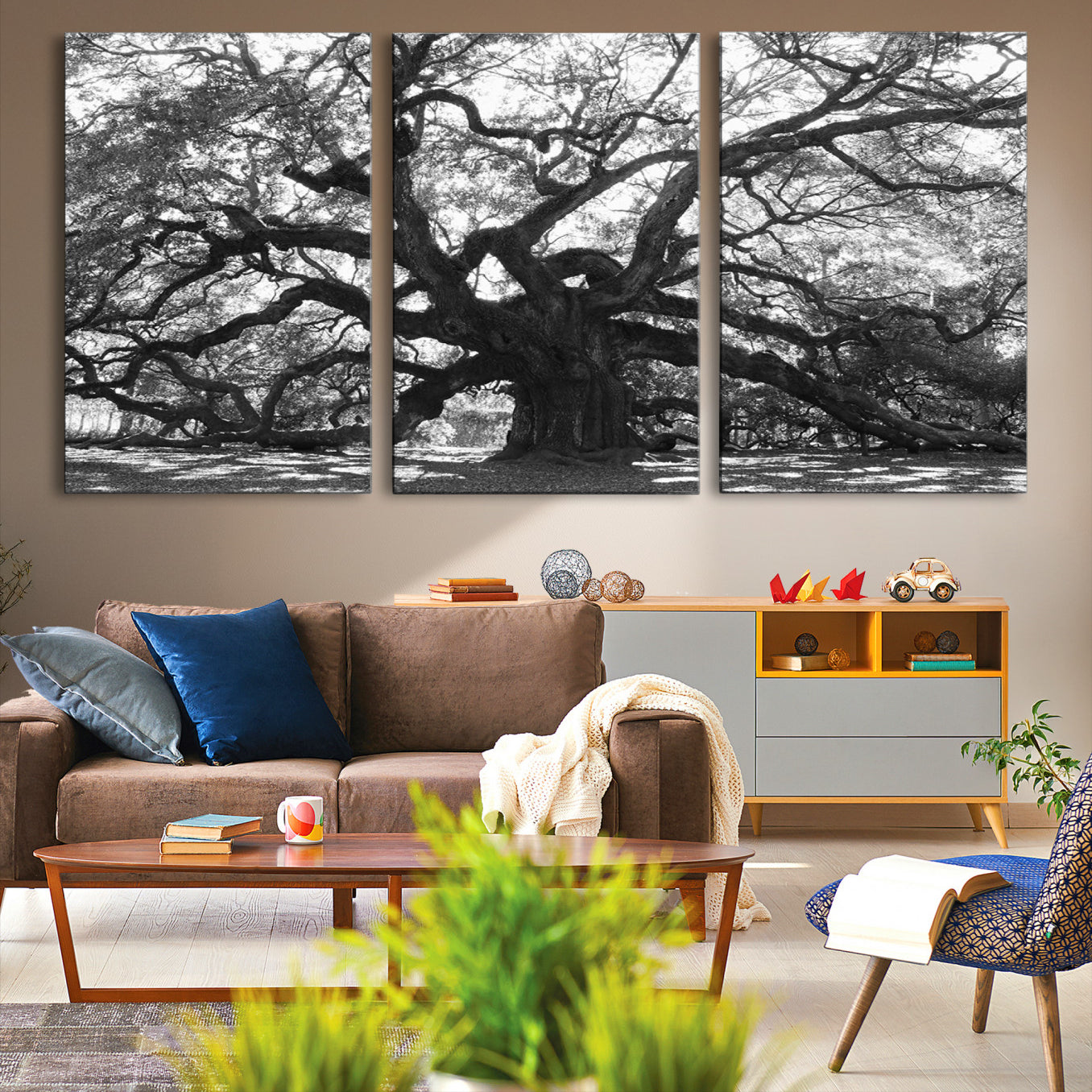 Black and white canvas of an ancient oak tree with sprawling, twisted branches, ideal for moody nature-inspired or rustic decor.