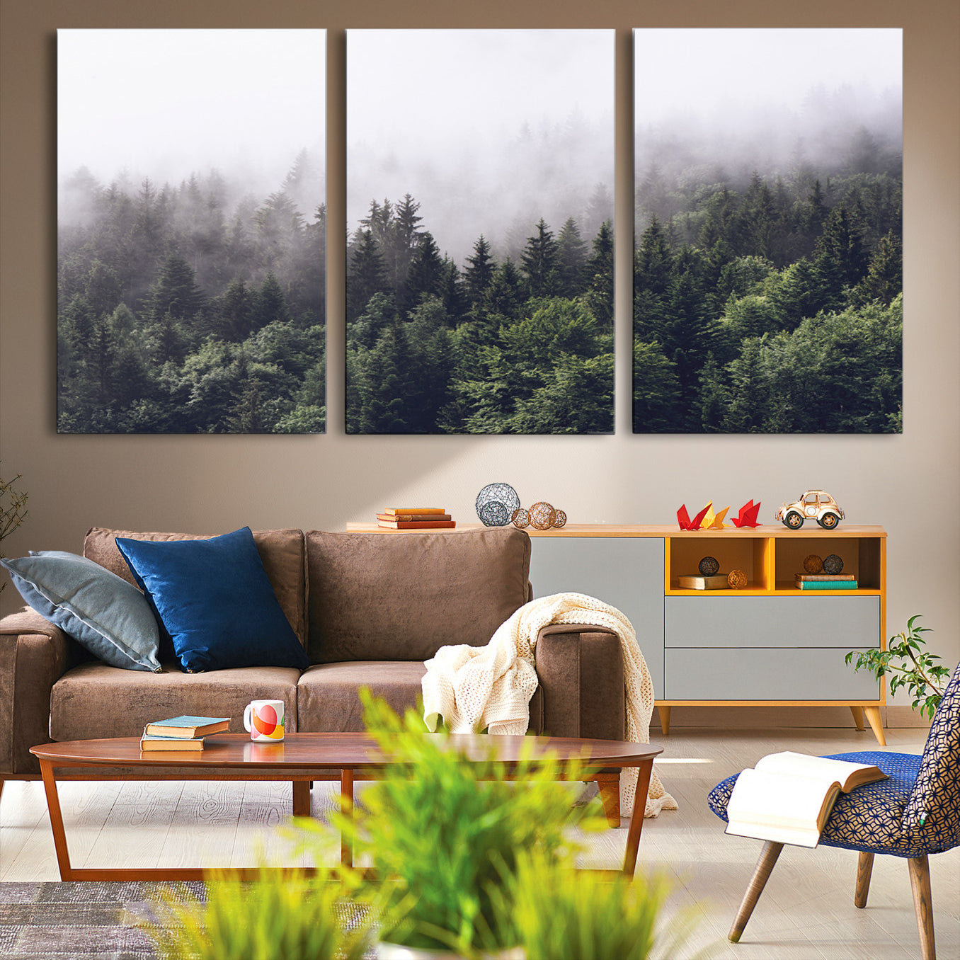 62890402-MGV-CV-36X24-Misty Forest Wall Art Canvas Print – Foggy Pines Pine Valley Moody Landscape Nature Artwork for Home Office