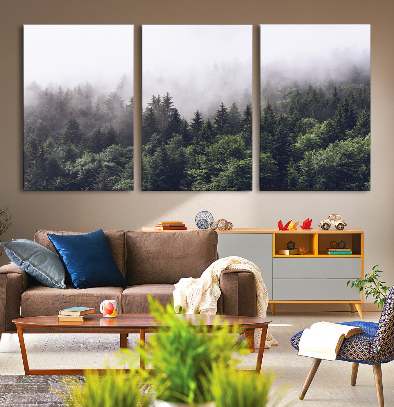 62890402-MGV-CV-48X32-3P-Misty Forest Wall Art Canvas Print, Serene Foggy Pines and Peaceful Pine Valley Nature Artwork for Home, Office