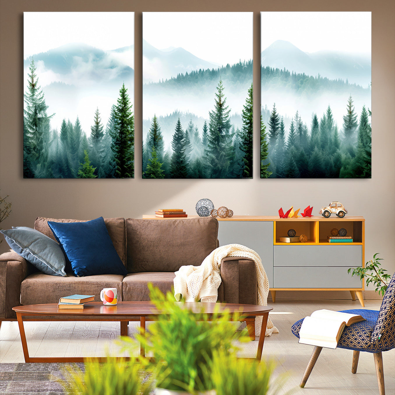 16716676-MGV-CV-48X32-3P-Misty Pine Forest Wall Art, Foggy Mountain Landscape Canvas Print, Serene Nature Trees Framed Artwork for Home, Office