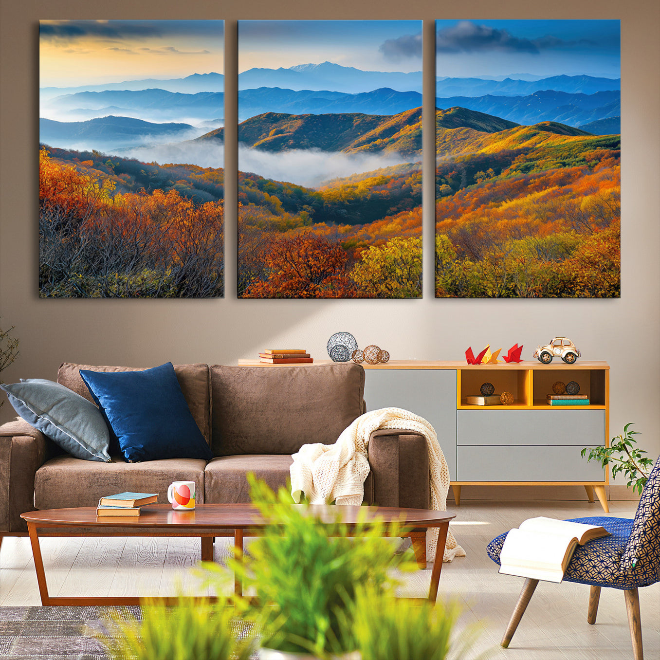 -Autumn Mountains Wall Art Canvas Print, Autumn Mountain Foggy Landscape Wall Art Canvas Print,