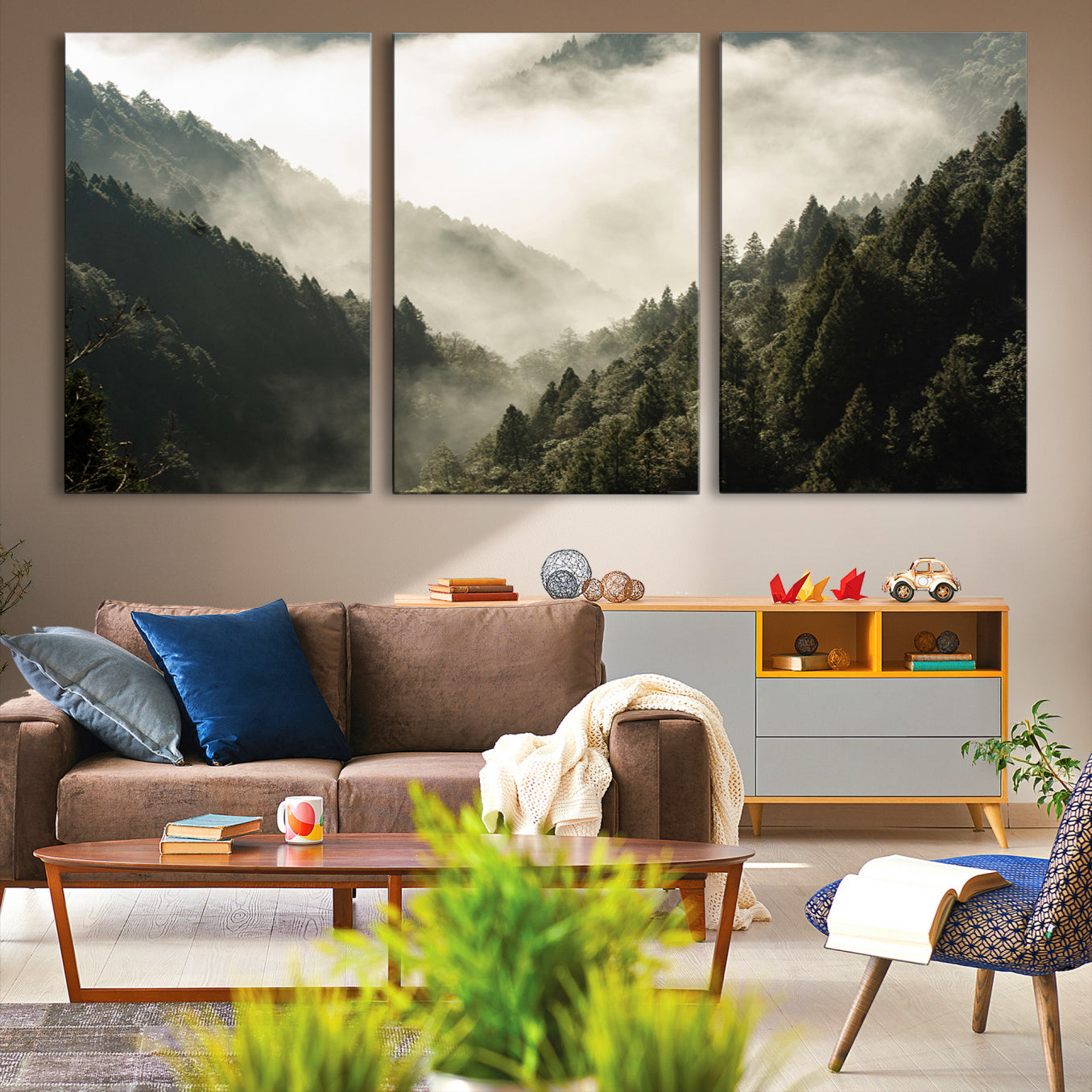 -Misty Valley Canvas Print, Framed Foggy Forest Art Picture Print, Pine Trees Perfect Moody Woodland