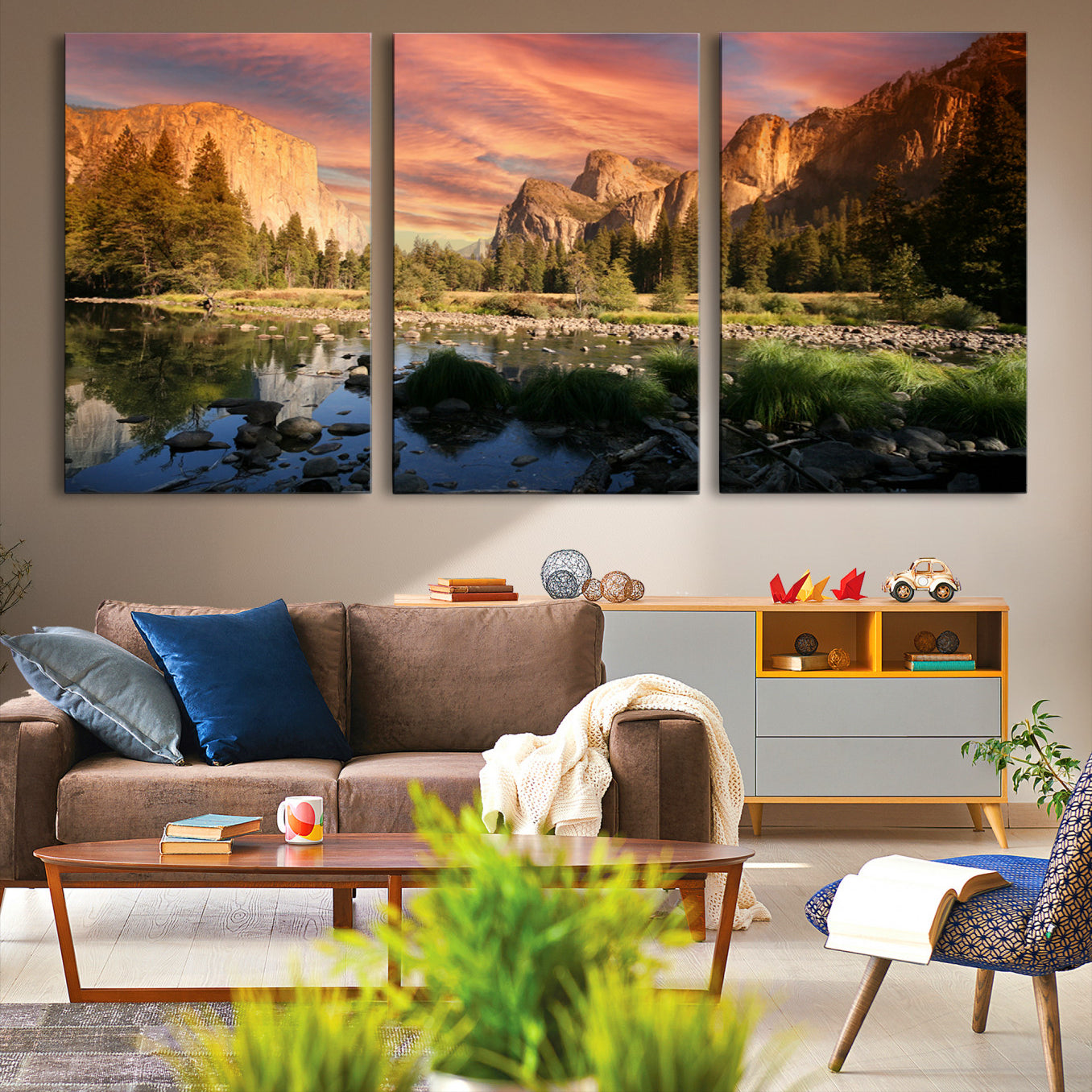 -Yosemite Valley Canvas Wall Art, Framed El Capitan Art Picture Print, Sunset Sky Perfect Vibrant