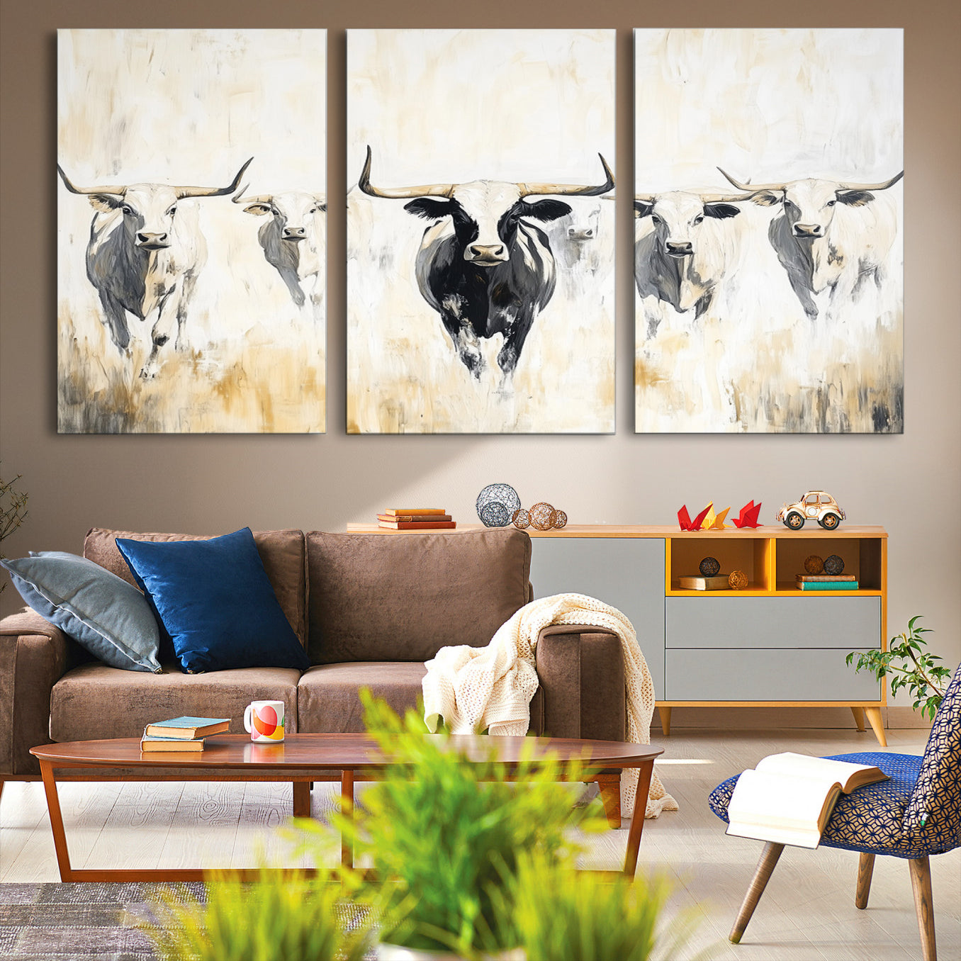-Texas Longhorn Canvas Print, Framed Rustic Herd Art Picture Print, Western Bull Perfect Neutral