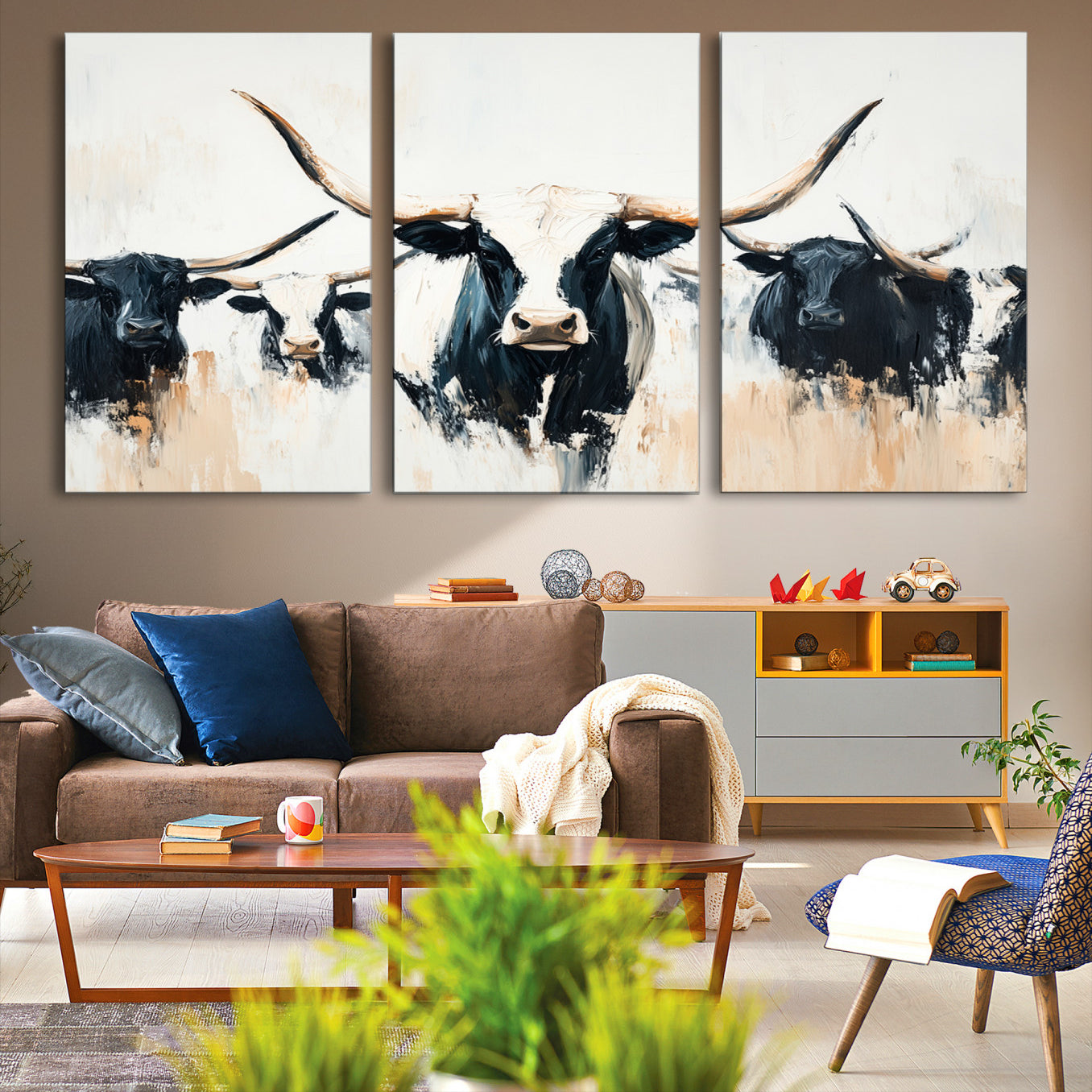 -Texas Longhorn Wall Art Canvas Print, Framed Western Cattle Art Picture Print, Horned Bull Perfect