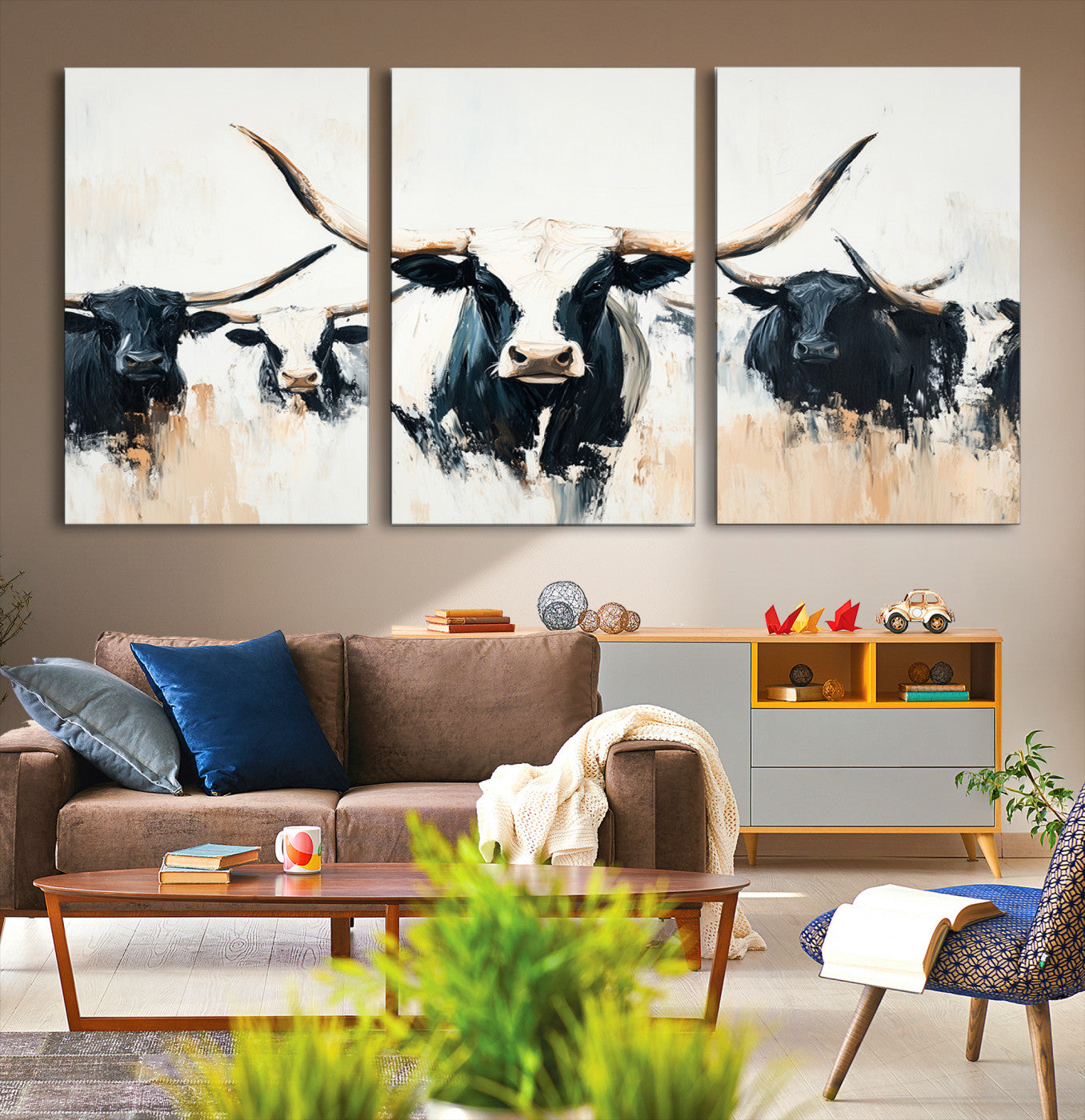 -Texas Longhorn Wall Art Canvas Print, Framed Western Cattle Art Picture Print, Horned Bull Perfect