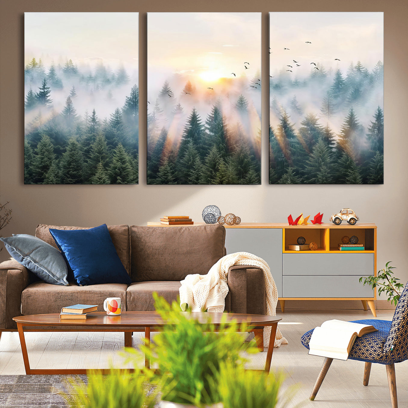 92718976-MGV-CV-36X24-Misty Pine Forest Wall Art Canvas, Sunrise Over Foggy Trees Canvas for Home - Office, Framed