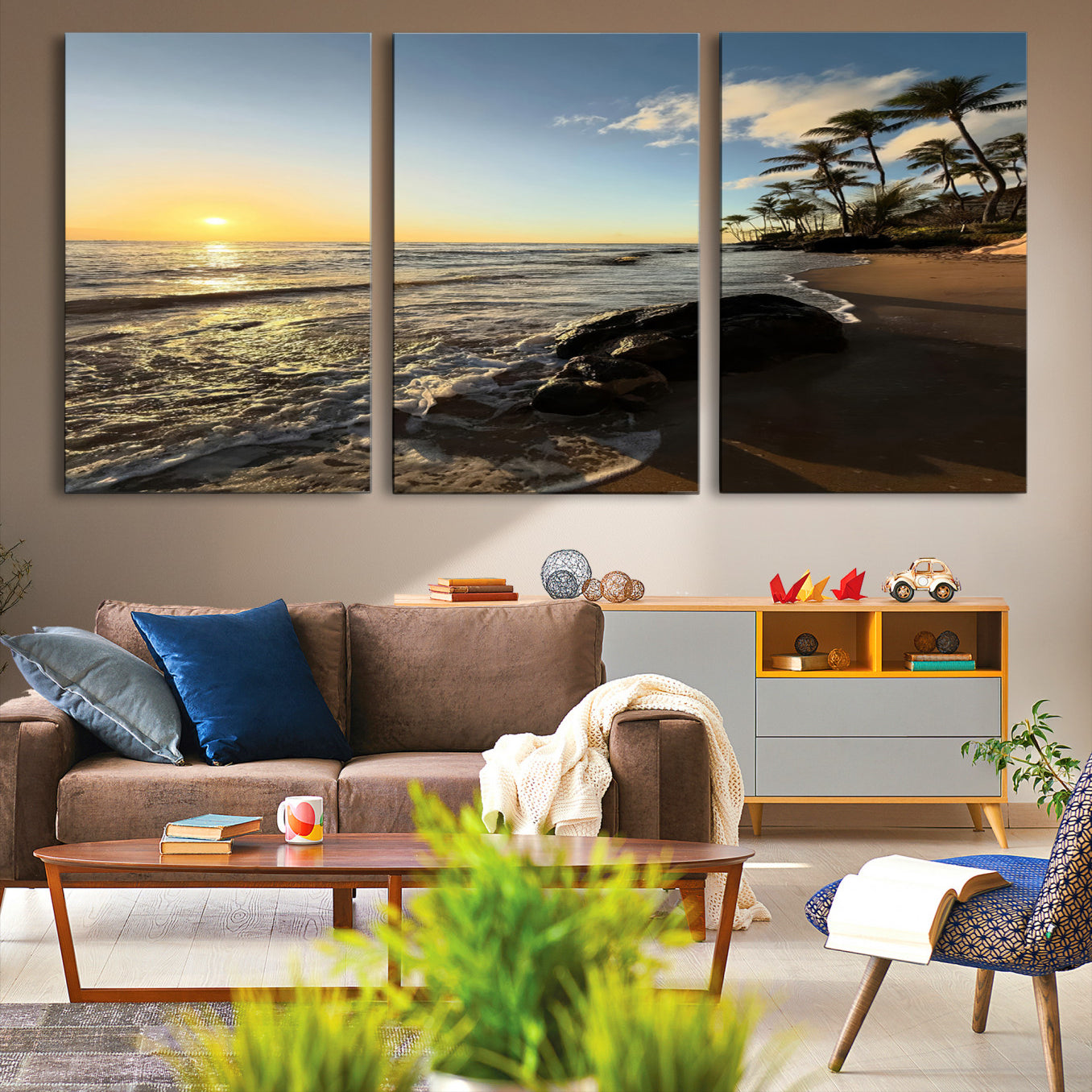 Canvas of a golden sunset on a tropical beach with palm trees and calm waves, perfect for coastal or island-themed home decor.