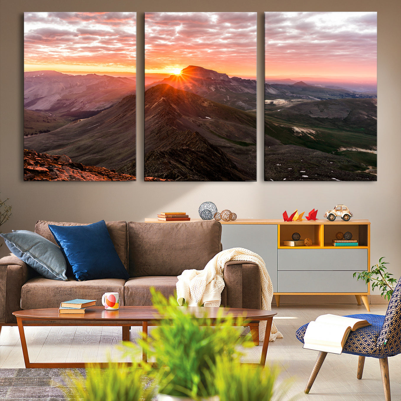 Canvas showing a mountain ridge at sunrise with golden light and dramatic clouds, perfect for nature or rustic-inspired wall decor.