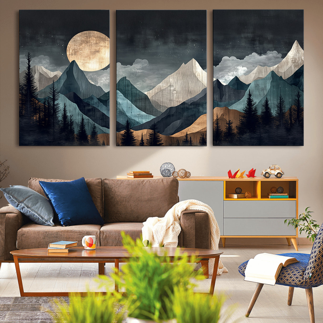 11060882-MGV-CV-36X24-Moonlit Mountain Wall Art Canvas Print – Silhouetted Pines Layered Peaks Tranquil Sky Mist Silver Light Nature Artwork for Home
