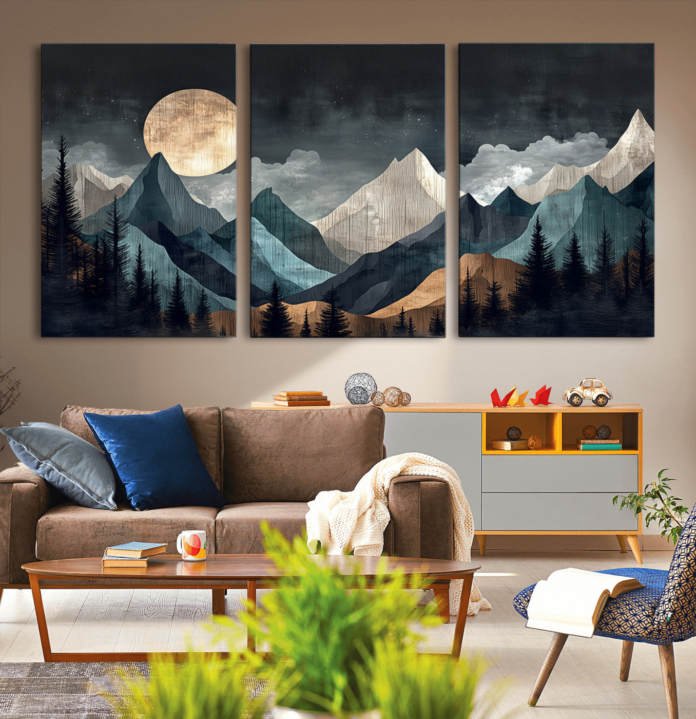 11060882-MGV-CV-36X24-Moonlit Mountain Wall Art Canvas Print – Silhouetted Pines Layered Peaks Tranquil Sky Mist Silver Light Nature Artwork for Home