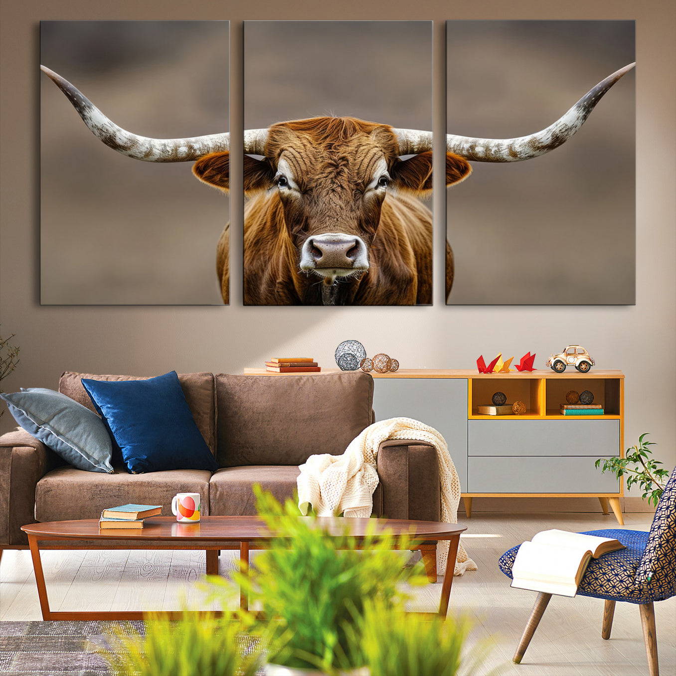 -Texas Longhorn Wall Art Canvas Print, Framed Brown Bull Art Picture Print, Lone Cattle Perfect