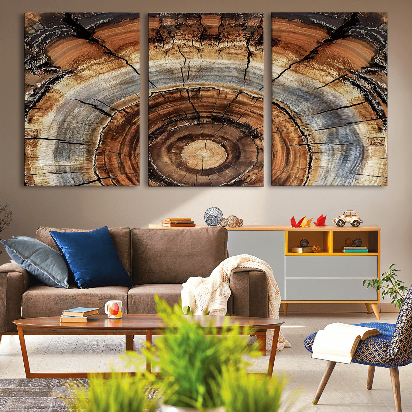 15184146-MGV-CV-36X24-Tree Rings Wall Art Canvas Print – Rustic Wood Texture Natural Grain Organic Pattern Earthy Artwork for Home Office