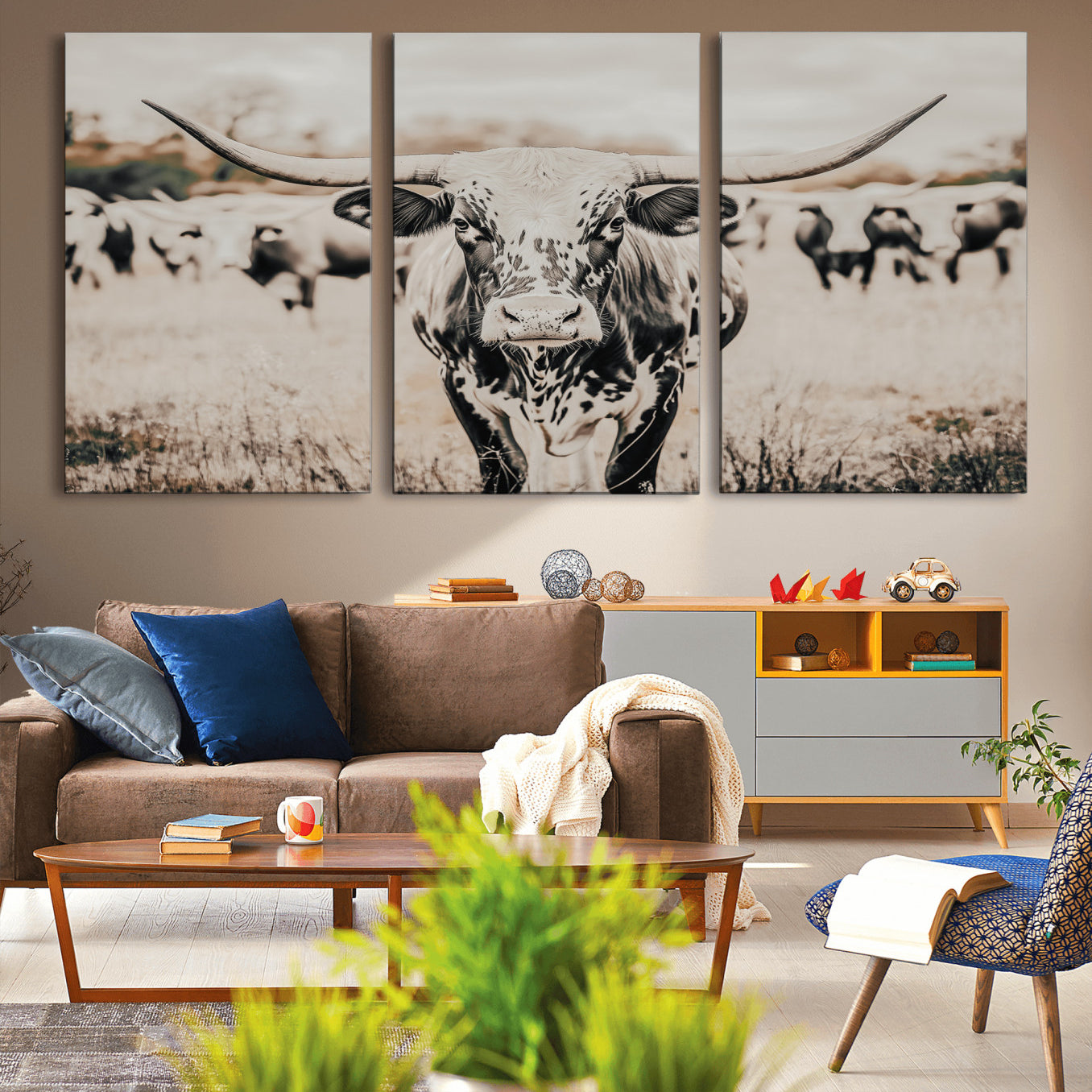 -Texas Longhorn Wall Art Canvas Print, Framed Speckled Cow Art Picture Print, Horned Cattle Perfect Rustic Western Decor Artwork