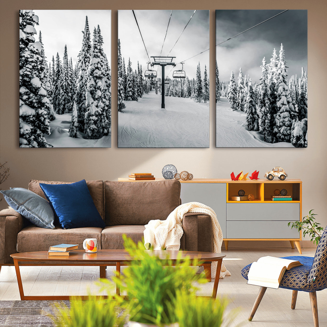 31156828-MGV-CV-36X24-Snowy Pines Wall Art Canvas Print – Framed Ski Lift Winter Forest Snowy Landscape Moody Lodge Artwork for Home, Office