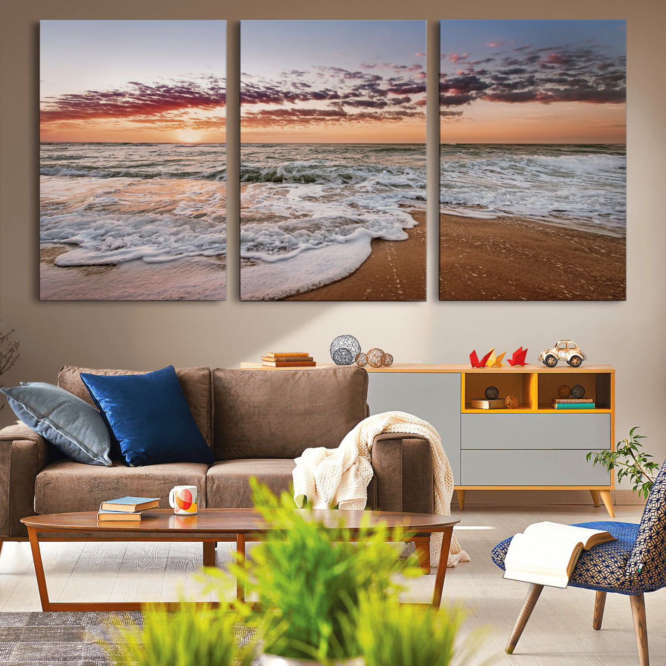 39846389-MGV-CV-36X24-Ocean Sunset Wall Art Canvas Print – Framed Sandy Shore Gentle Waves Coastal Landscape Minimalist Artwork for Home, Office