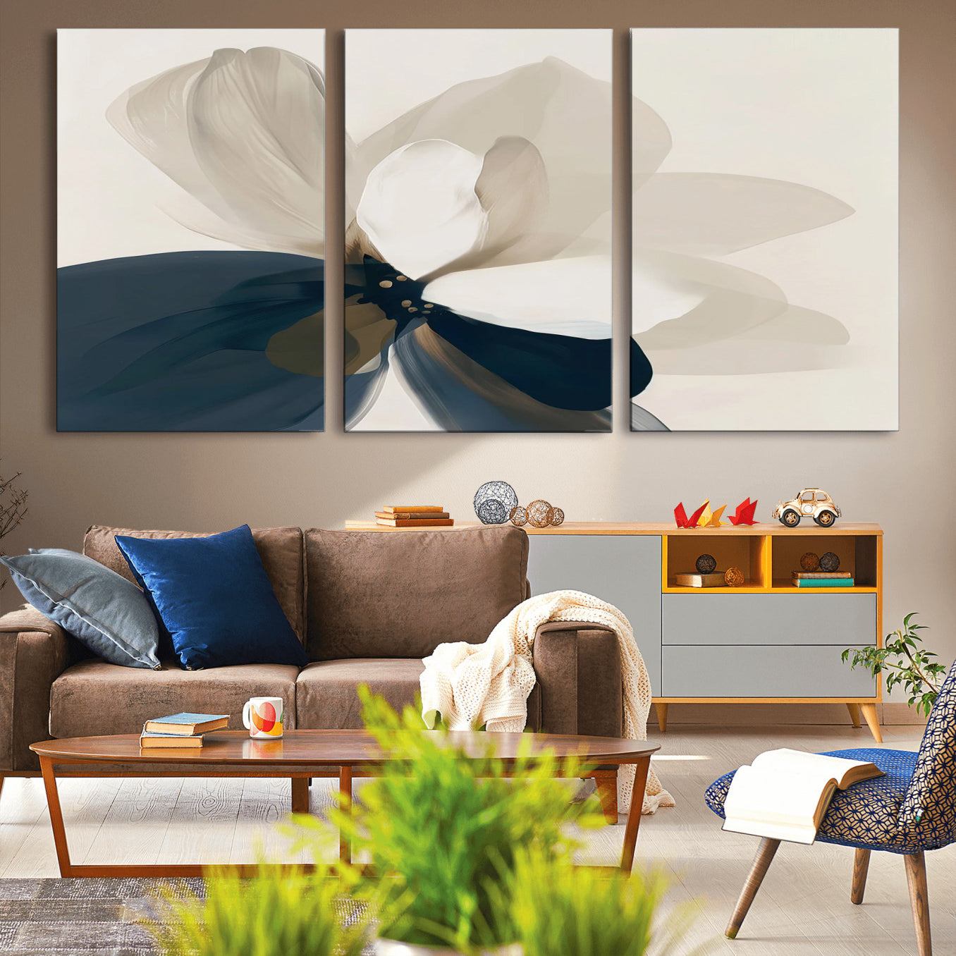 -Minimal Flower Wall Art Canvas Print, Framed Flower Drawing Art Picture Print, Beige Bloom Perfect Modern Botanical Decor Artwork