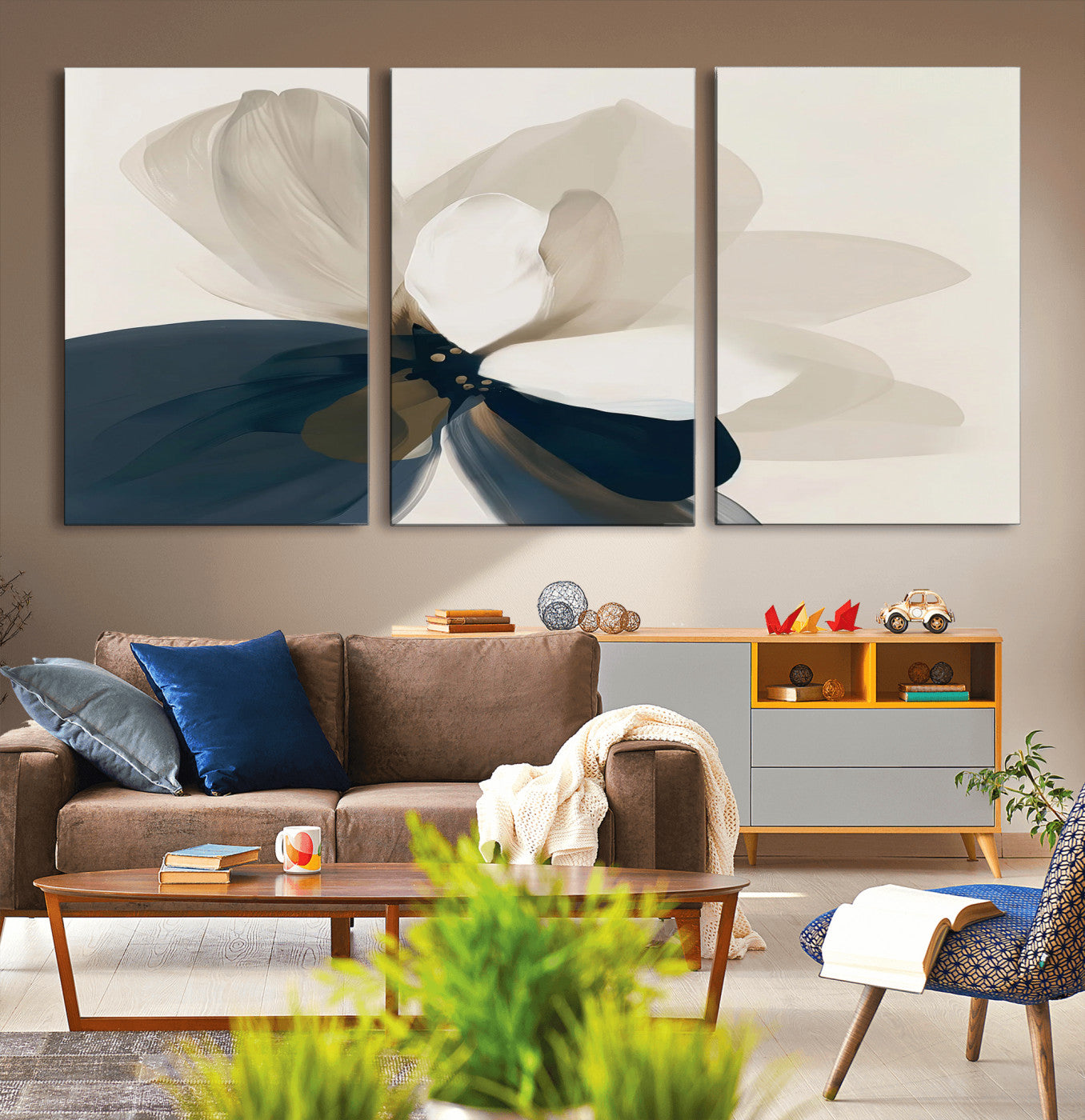 42188901-MGV-CV-36X24-Minimal Flower Wall Art Canvas Print – Framed Beige Bloom Botanical Modern Floral Artwork for Home, Office, Living Room