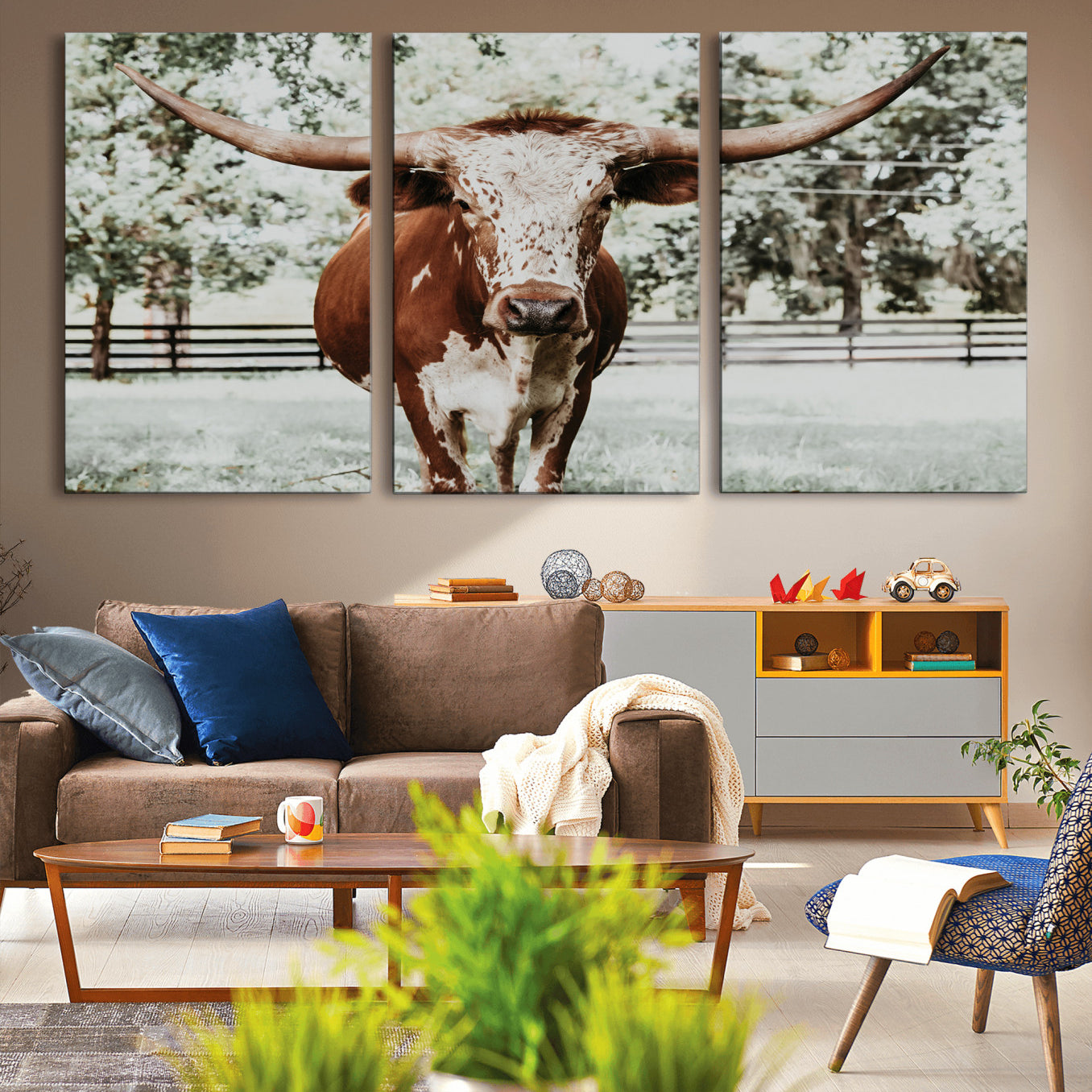 -Texas Longhorn Wall Art Canvas Print, Framed Spotted Cow Art Picture Print, Horned Cattle Perfect Rustic Western Decor Artwork