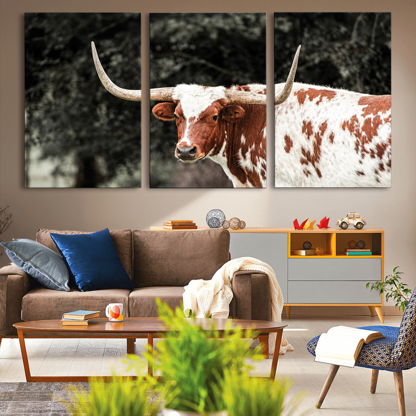 54027638-MGV-CV-36X24-Texas Longhorn Wall Art Canvas Print – Framed Spotted Bull Horned Cattle Rustic Western Decor Artwork for Home, Office