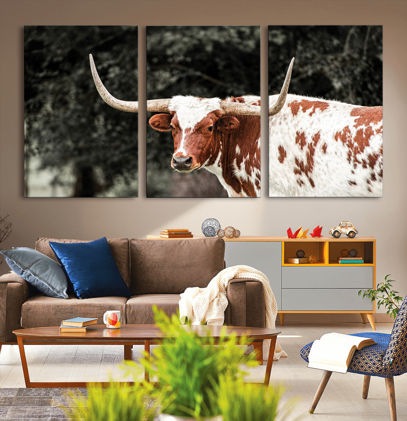 -Texas Longhorn Wall Art Canvas Print, Framed Spotted Cow Art Picture Print, Horned Bull Perfect Rustic Western Decor Artwork