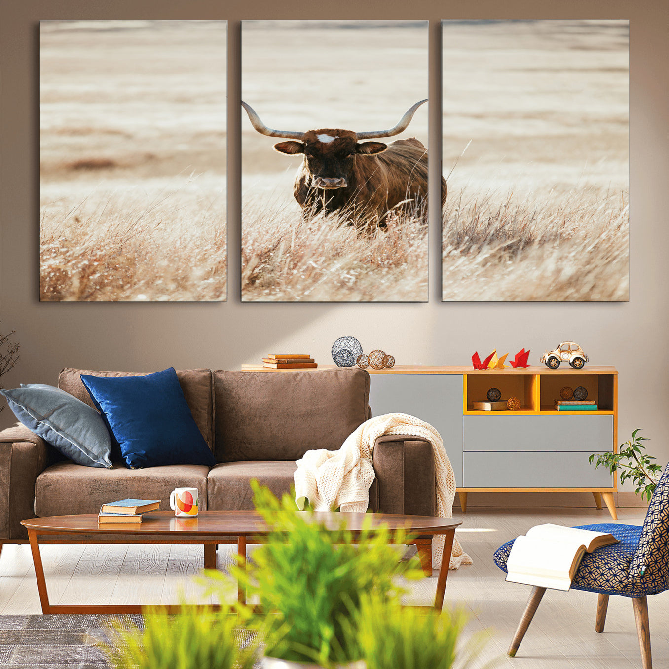-Texas Longhorn Wall Art Canvas Print, Framed Brown Cattle Art Picture Print, Horned Bull Perfect Rustic Western Decor Artwork