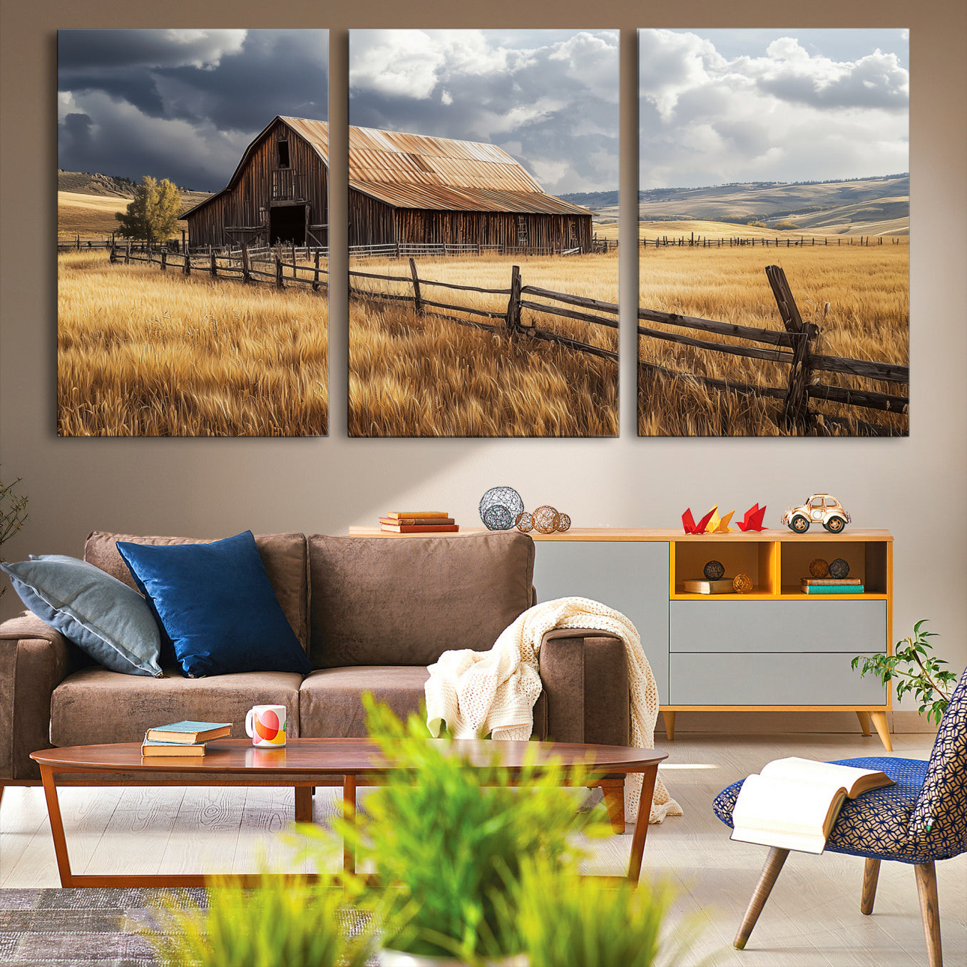 38758826-MGV-CV-36X24-Rustic Barn Wall Art Canvas Print – Framed Moody Barn Golden Field Countryside Farmhouse Landscape Artwork for Home Office