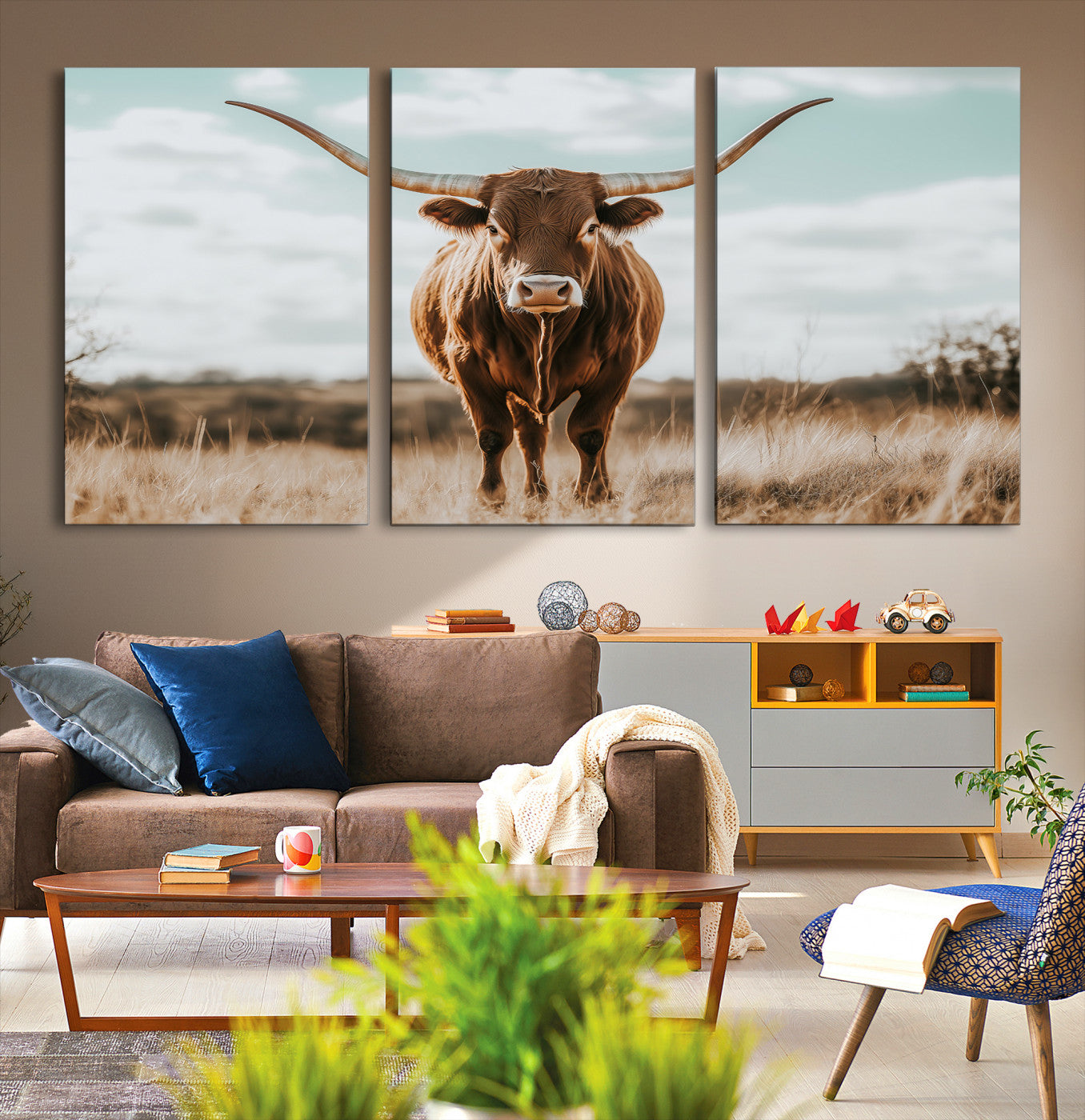 Texas Longhorn standing in a golden prairie under soft skies, ideal for rustic or western-style decor with warm natural tones.