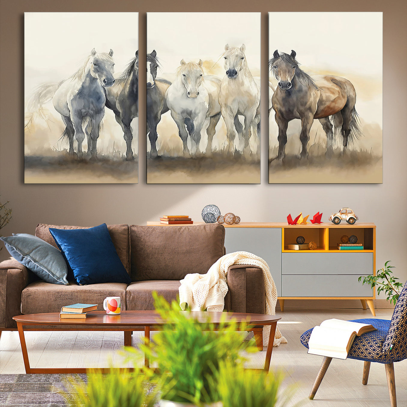 Watercolor illustration of five wild horses in soft neutral tones, perfect for rustic or western-style home decor with a calming natural vibe.