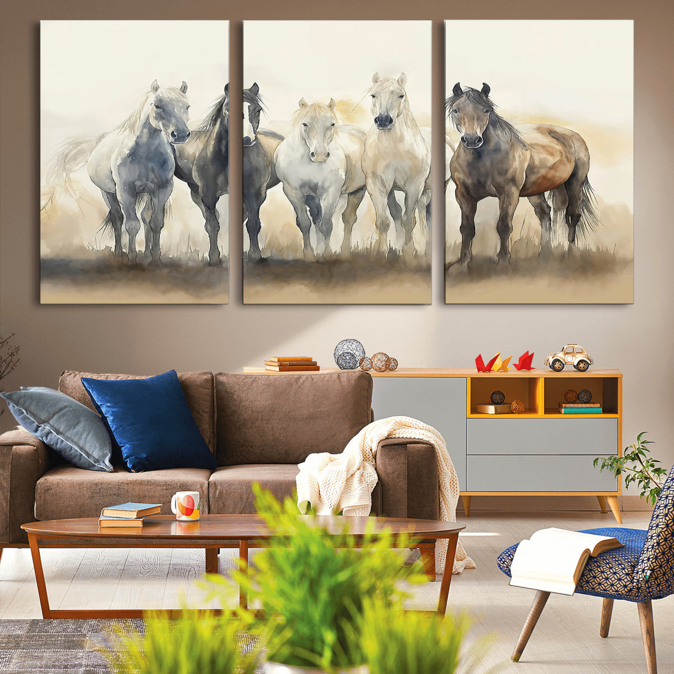 MGV-CV-60X30-3P - Wild Horses Wall Art Canvas Print, Framed Running Horses Art Picture Print, Watercolor Horses Perfect Rustic Western Decor Artwork