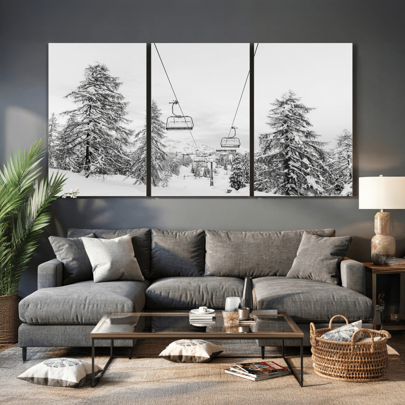 55003599-MGV-CV-36X24 - Snowy Ski Lift Wall Art – Framed Winter Forest Canvas Artwork, Peaceful Mountain Design, Modern Nature Decor for Home, Office