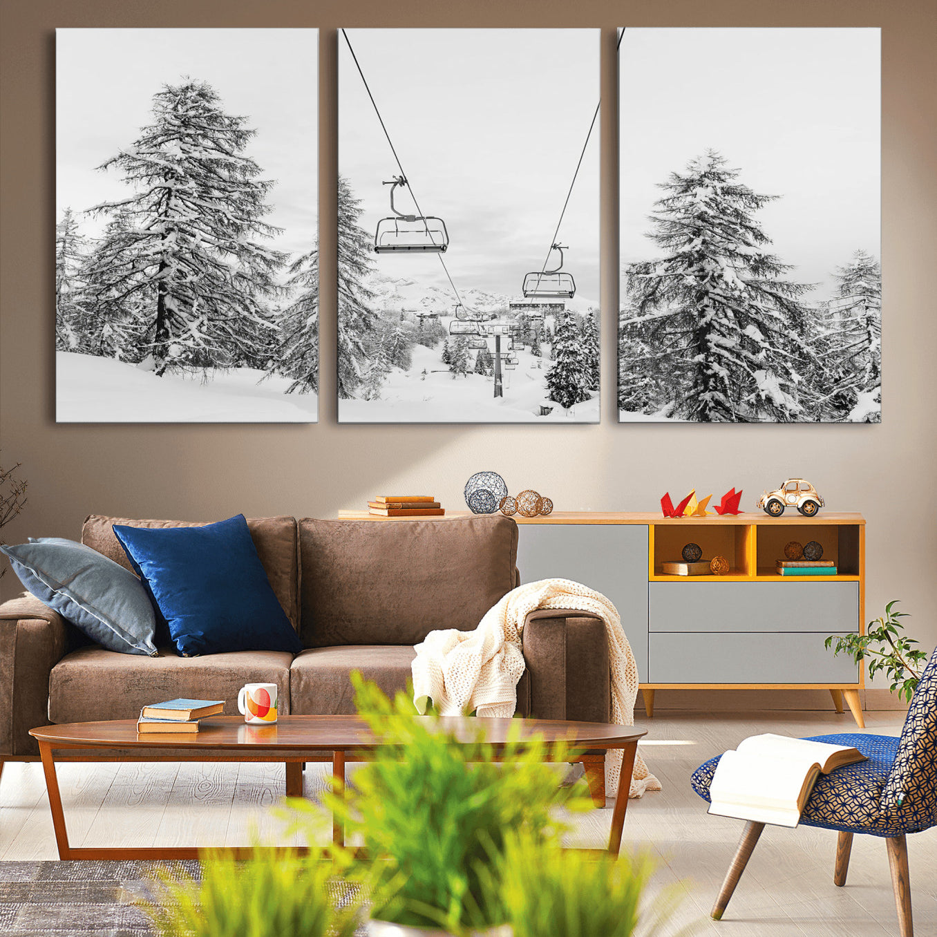 MGV-CV-60X30-3P - Wall Art Canvas Print Winter Chairlift Views Silent Snow-Covered Pines Mountain Calm Serenity Frozen