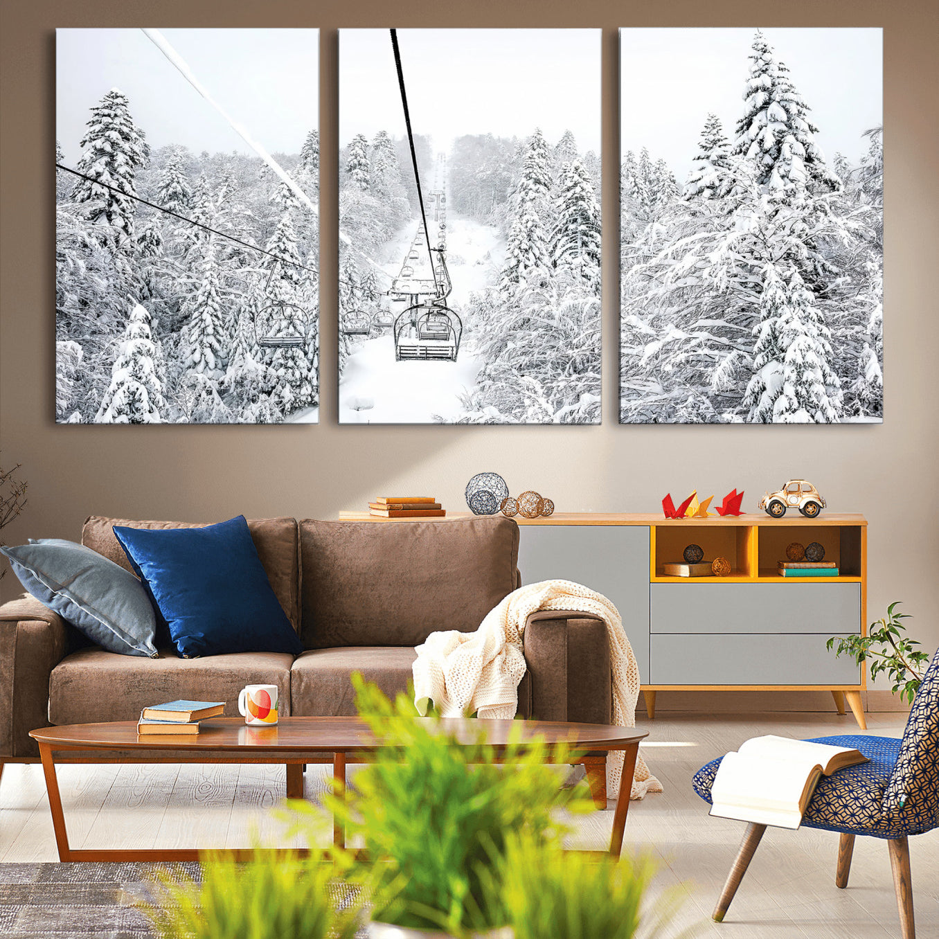 60296839-MGV-CV-36X24-Snowy Mountains Wall Art Canvas Print – Framed Ski Lift Winter Forest Alpine Landscape Nature Artwork for Home Office
