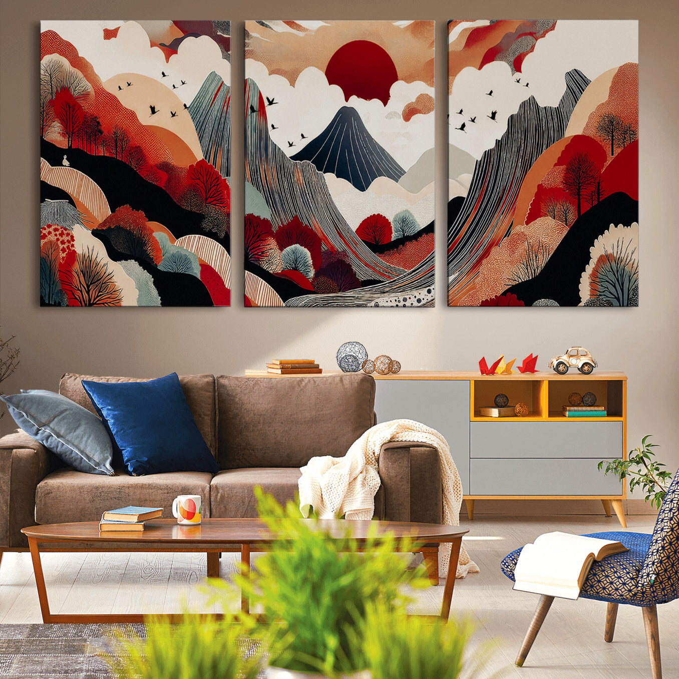 -Abstract Mountain Wall Art Canvas Print, Framed Vibrant Landscape Art Picture Print, Stylized Nature Drawing Perfect Contemporary Minimalist Decor Artwork