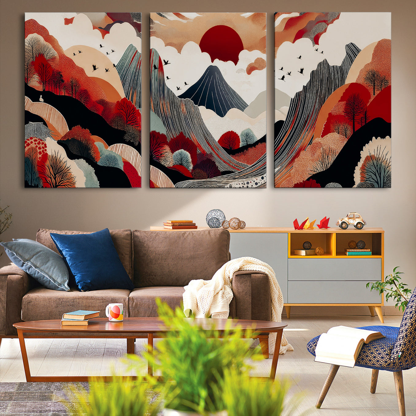 Abstract nature illustration with a red sun, mountains, and vibrant landscapes in graphic style, perfect for contemporary minimalist home decor. Ideal for modern spaces.