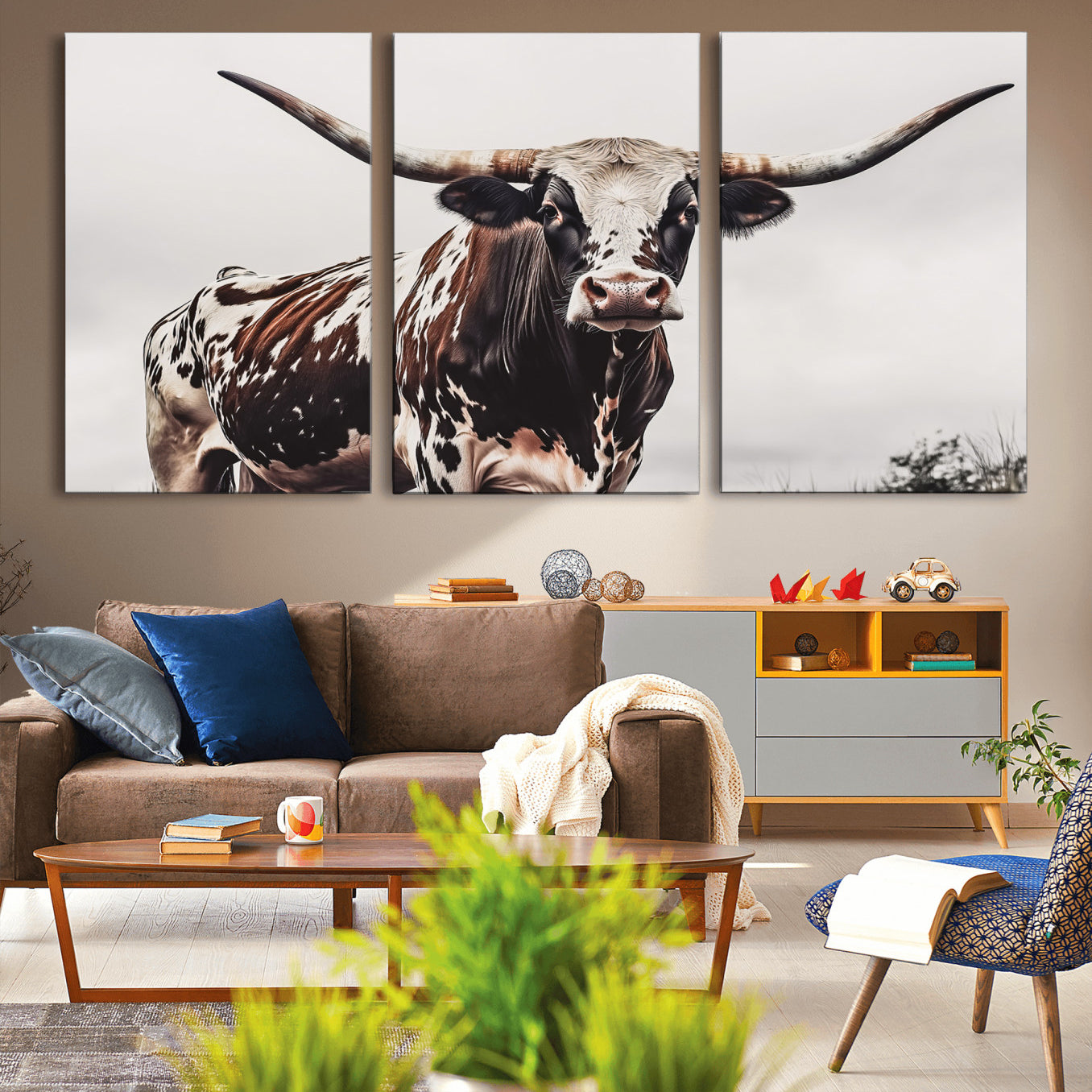 Close-up of a Texas Longhorn bull with powerful horns, perfect for rustic farmhouse or country-themed home decor. Ideal for animal lovers.