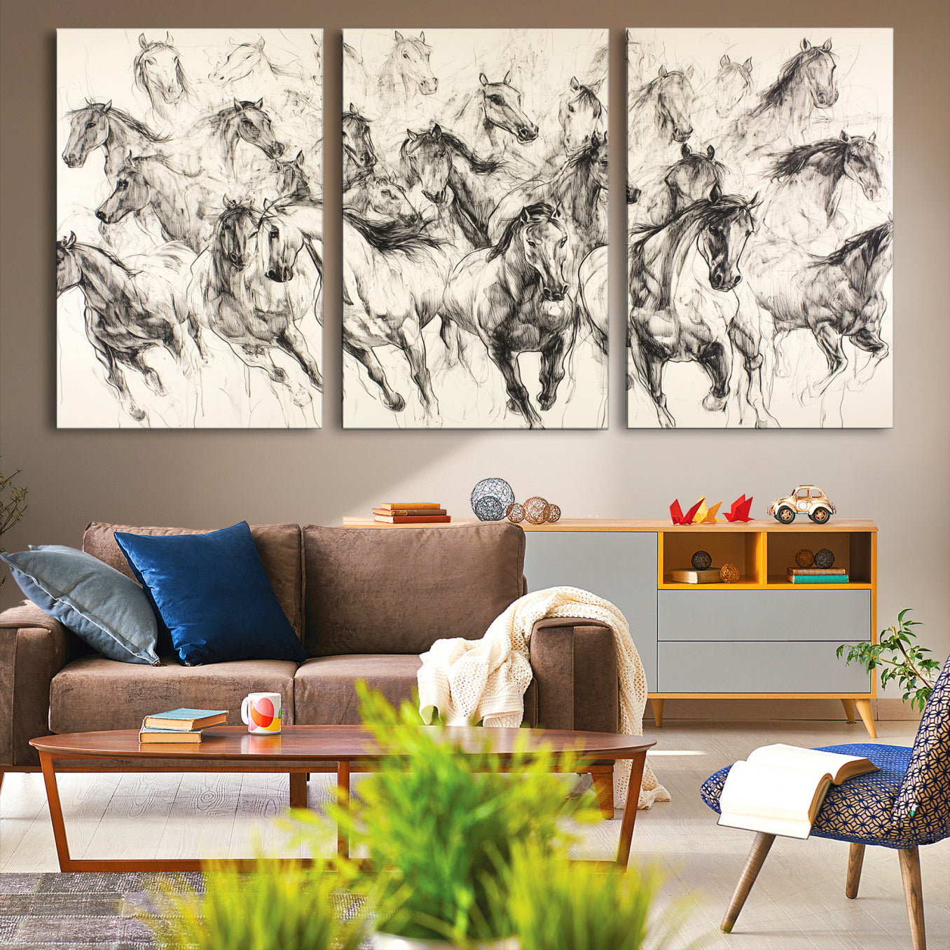 19433417-MGV-CV-36X24-Running Horses Wall Art Canvas Print – Framed Galloping Herd Dynamic Equestrian Sketch Nature Artwork for Home Office