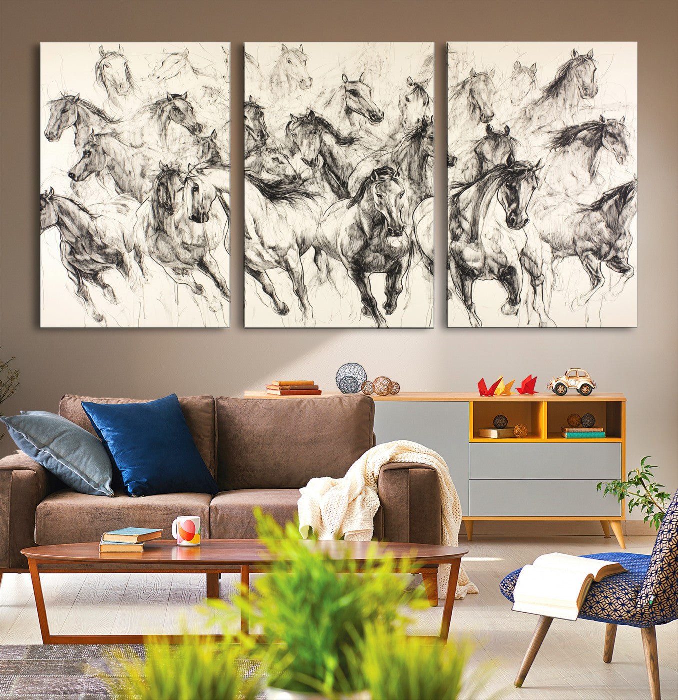 19433417-MGV-CV-36X24-Running Horses Wall Art Canvas Print – Framed Galloping Herd Dynamic Equestrian Sketch Nature Artwork for Home Office