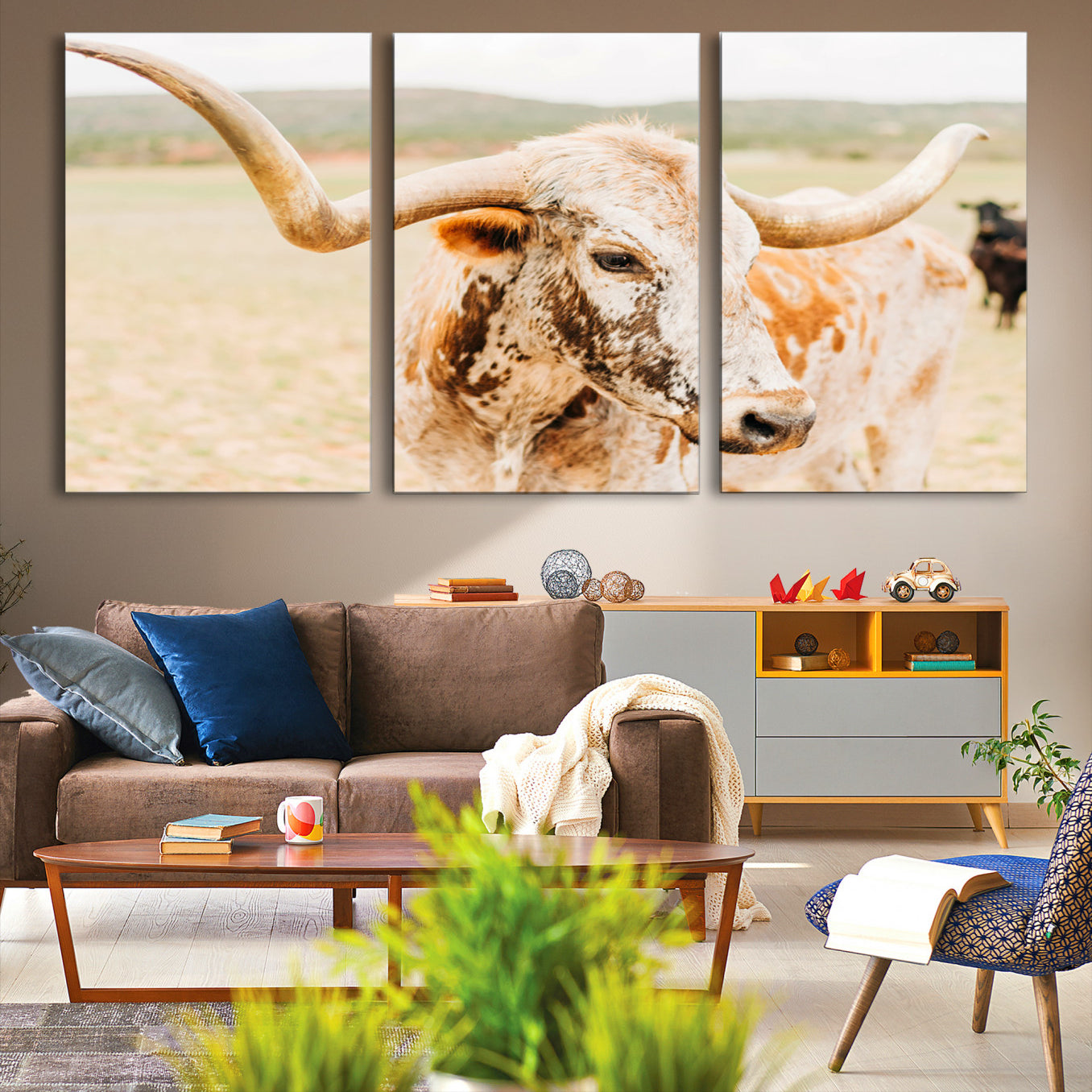 -Texas Longhorn Wall Art Canvas Print, Framed Speckled Cow Art Picture Print, Rustic Bull Perfect