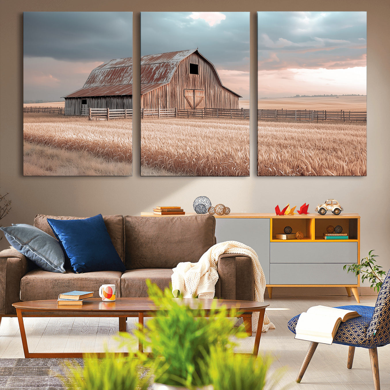 36878364-MGV-CV-48X32-3P-Rustic Barn Wall Art Canvas Print, Framed Wheat Field Art Picture Print, Sunset Barn Perfect Vintage Farmhouse Decor Artwork